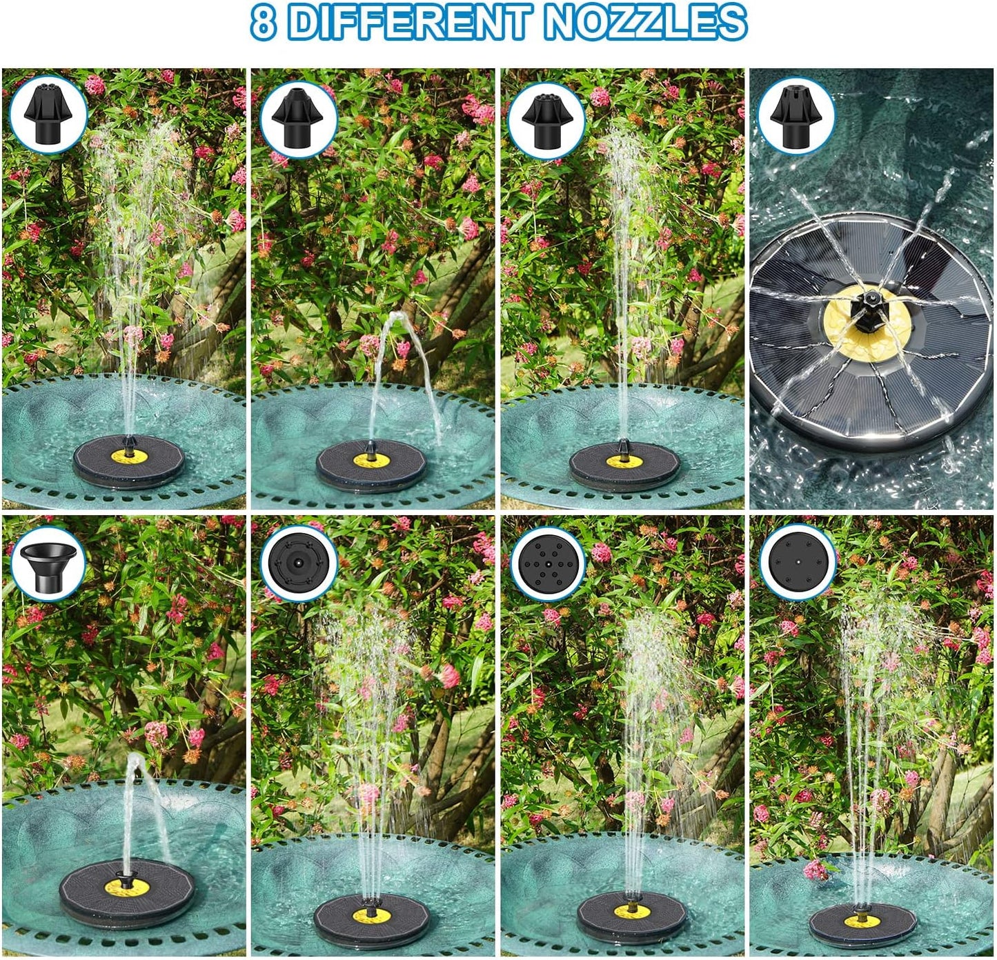 Yzert Solar Bird Bath Fountains,3.5W Glass Panel Solar Fountain Pump for Bird Bath No Battery,Solar Water Fountain Outdoor with 4 Fixed Pipes 7 Nozzles(Black)