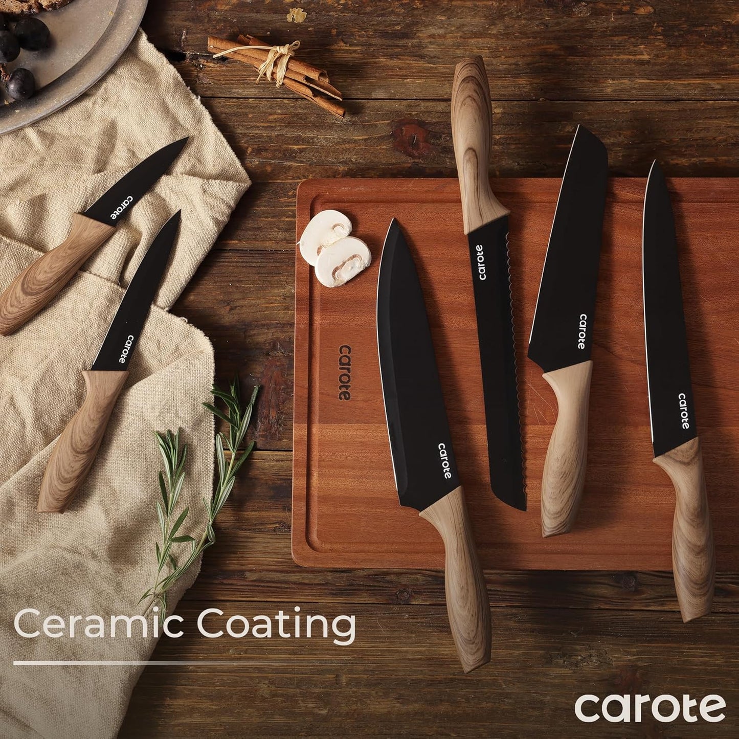 CAROTE 12PCS Knife Set, Stainless Steel Kitchen Knife Set with Nonstick Ceramic Coating, 6 Knives with Blade Guards, Rustproof, Easy-Clean, Black