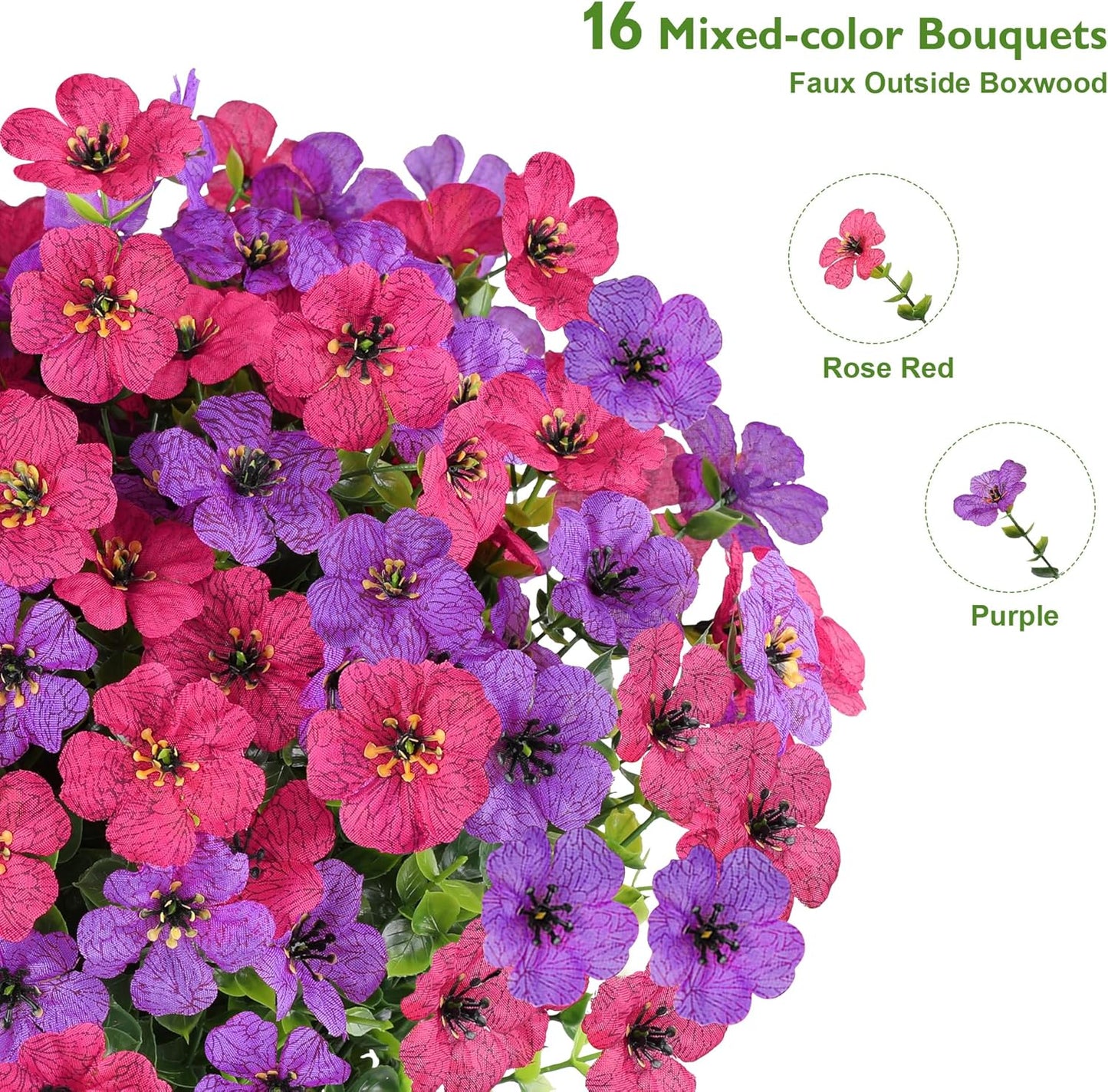 Artificial Flowers for Outdoors Spring Decor, 16 Bundles UV Resistant Realistic Fuax Silk Flowers, Fake Plants for Planter Indoor Outside Garden Porch Patio Window Box Balcony Yard (Fuchsia Purple)