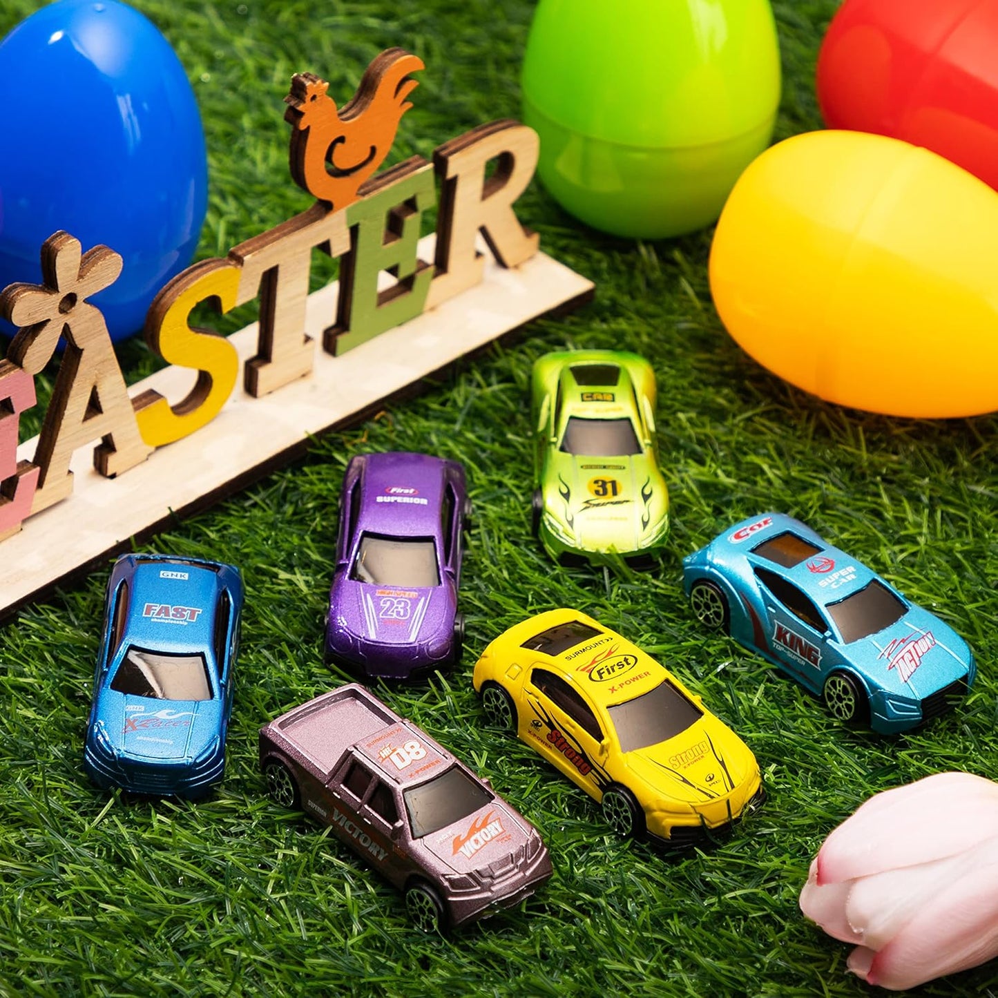 JOYIN 12 Pcs Die-Cast Car Filled Big Easter Eggs, Bright Colorful Prefilled Plastic Eggs with Different Die-cast Cars for Boys, Basket Stuffers and Kids Party Favors