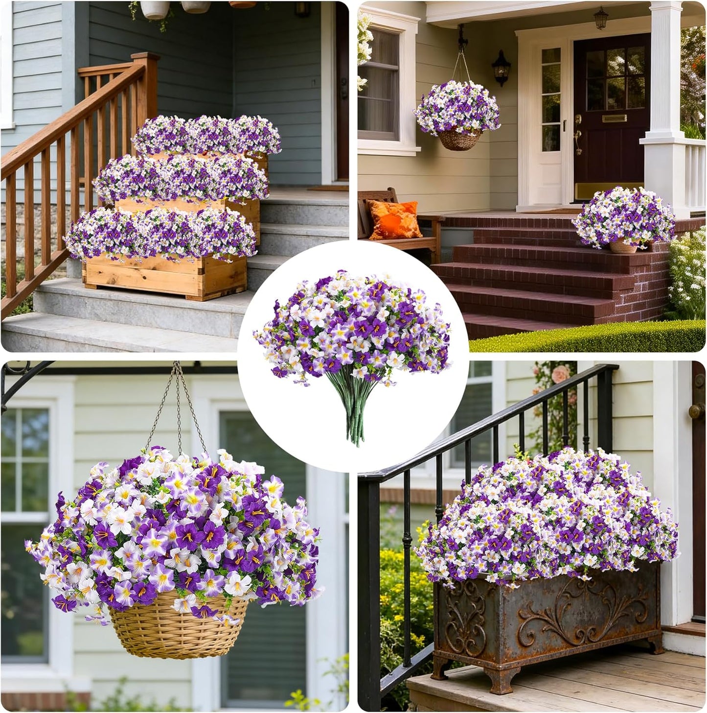 10PCS Outdoor Faux Petunia Flowers UV Resistant Artificial Fake Flowers Greenery Eucalyptus Plants for Spring Summer Garden Patio Window Box Planter Home Decor (Purple White)
