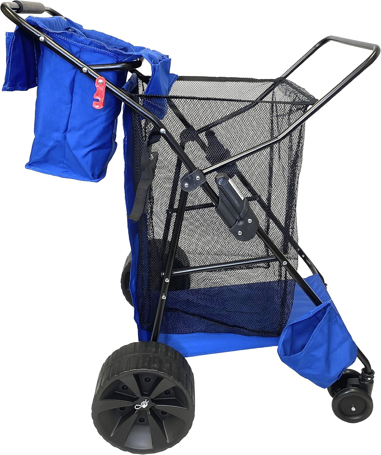 Beach Umbrella Wagon Cart Deluxe – Heavy Duty Folding Ocean Utility Cart – Large Sand Wheels – Holds 4 Beach Chairs – Storage Pouch -Holder –Removable Bag - Solid Blue