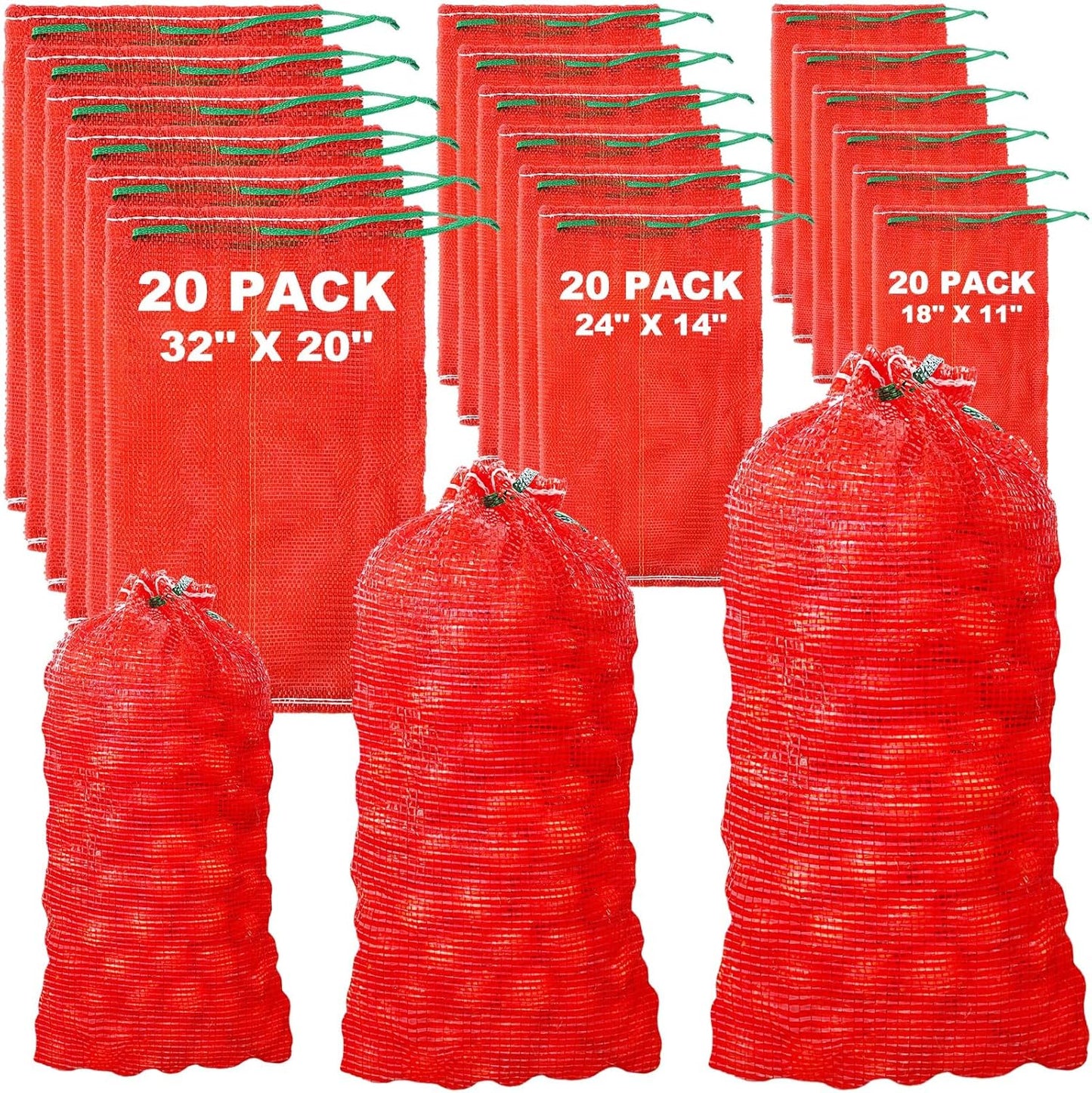 SATINIOR 60 Pcs Mesh Onion Bags Onion Vegetable Storage Bags 32'' x 20'', 24'' x 14', ' 18'' x 11'' Fresh Produce Storage Bags Garden Vegetable Fruit Produce Storage Supplies