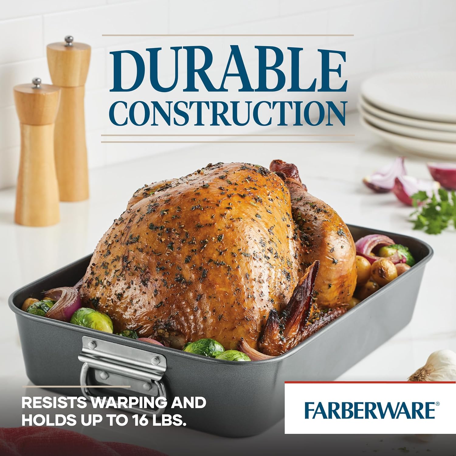 Farberware Bakeware Nonstick Steel Roaster with Flat Rack, 11-Inch x 1