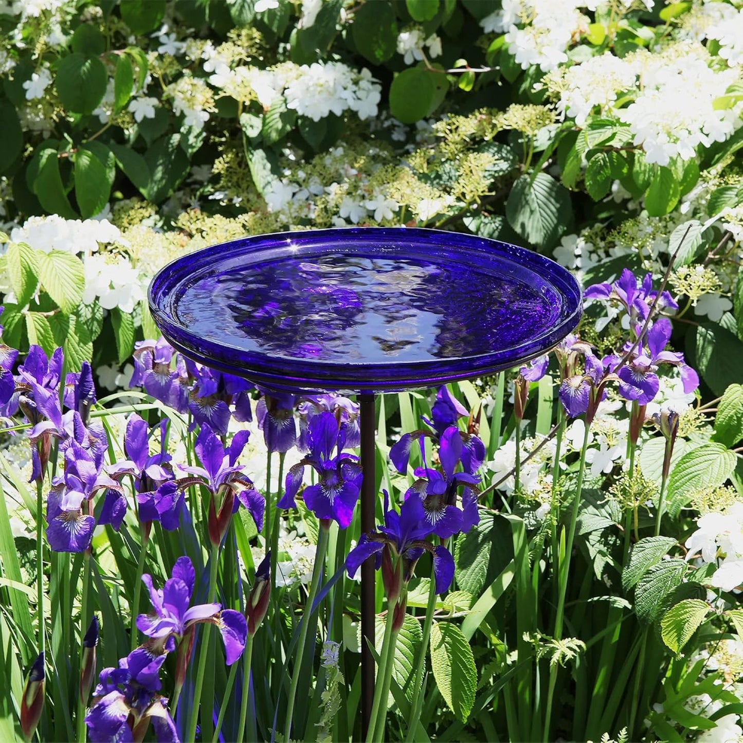 Achla Designs Crackle Glass Birdbath Bowl with Stake, 14-in, Cobalt Bl