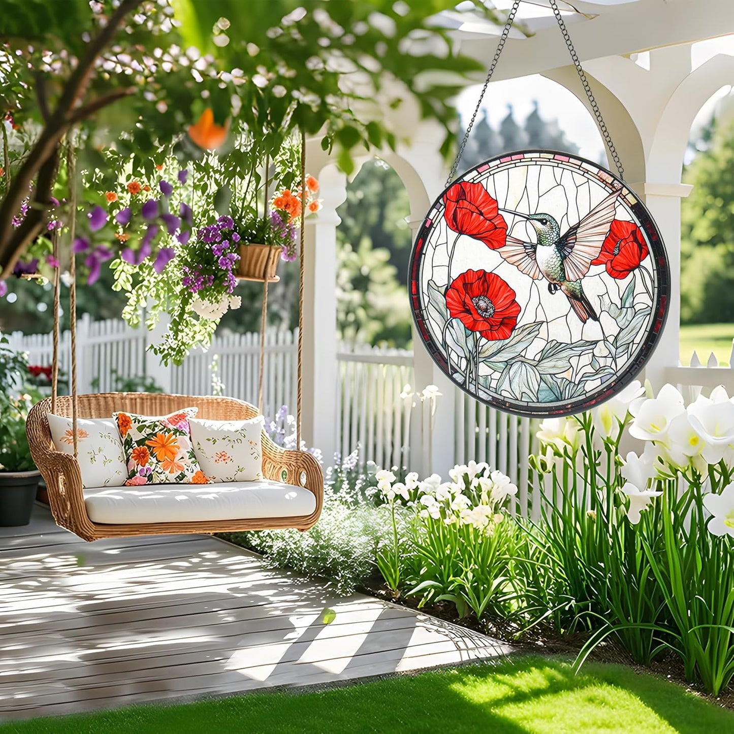 Stained Glass Window Hanging, Hummingbird and Red Flowers Sun Catcher for Door Garden Kitchen Home Decor, Suncatchers for Christmas Mother's Day Birthday Gifts for Bird Lovers Women Men Mom 7.8 in