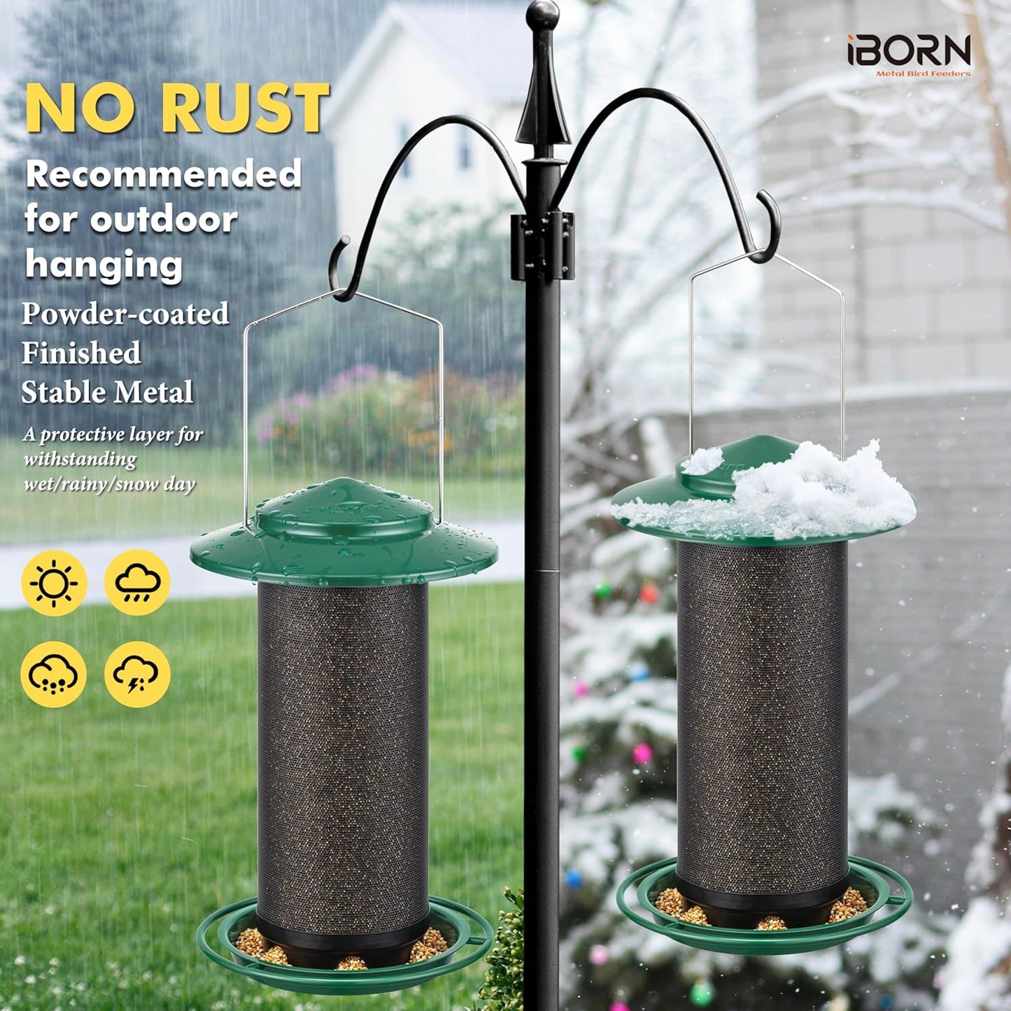 iBorn Bird Feeders for Outdoors, All Metal Mesh Tube, Holding Bird Seed for Outside Feeders,18cm Large Roof, Green, 2.8lb(Seed is not Included)