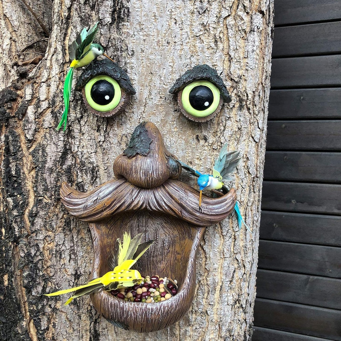 ALLADINBOX Tree Face Birdfeeder - Old Man with Glowing Eyes in Dark Outdoor Tree Hugger Sculpture - Whimsical Garden Decoration and Wild Birdfeeder Yard Art