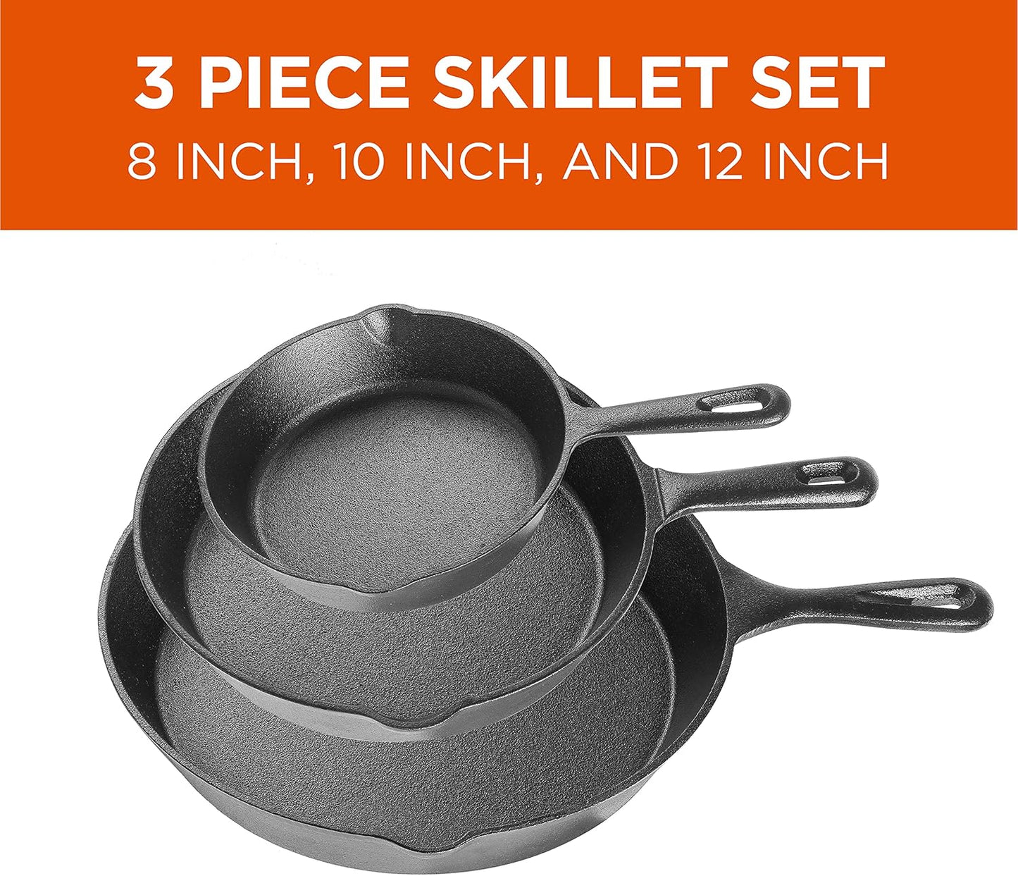 Commercial CHEF 3-Piece Cast Iron Skillet Set – 8 inch, 10 inch, and 1