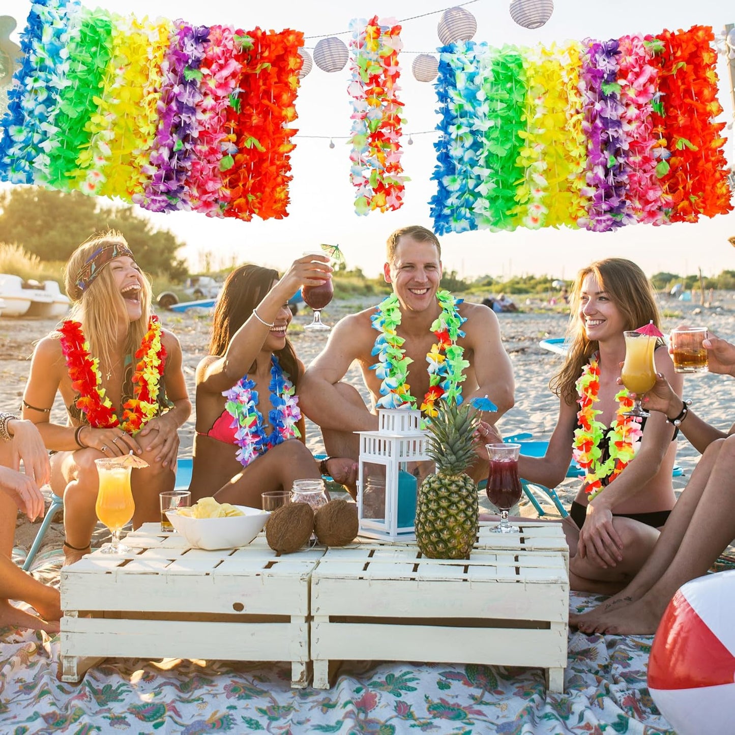 24pcs Hawaiian Leis Bulk Luau Party Silk Flower Necklace Colorful Tropical Hawaiian Bulk Hula Dance Party Decor Flower Leis Summer Beach Pool Party Decorations Favors Supplies