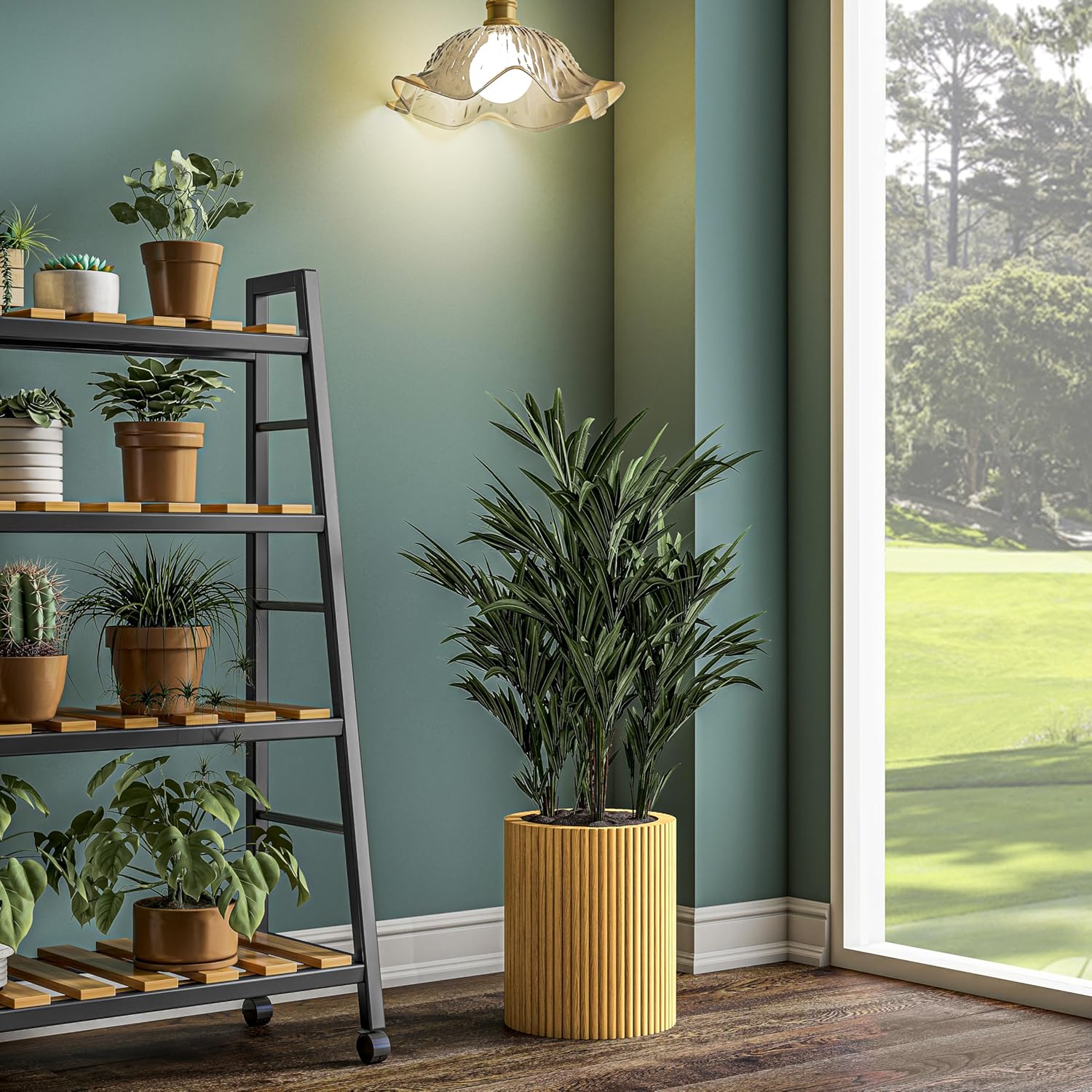 SHYFOY Fluted Wooden Round Indoor Outdoor Planters, Cylinder Decorativ