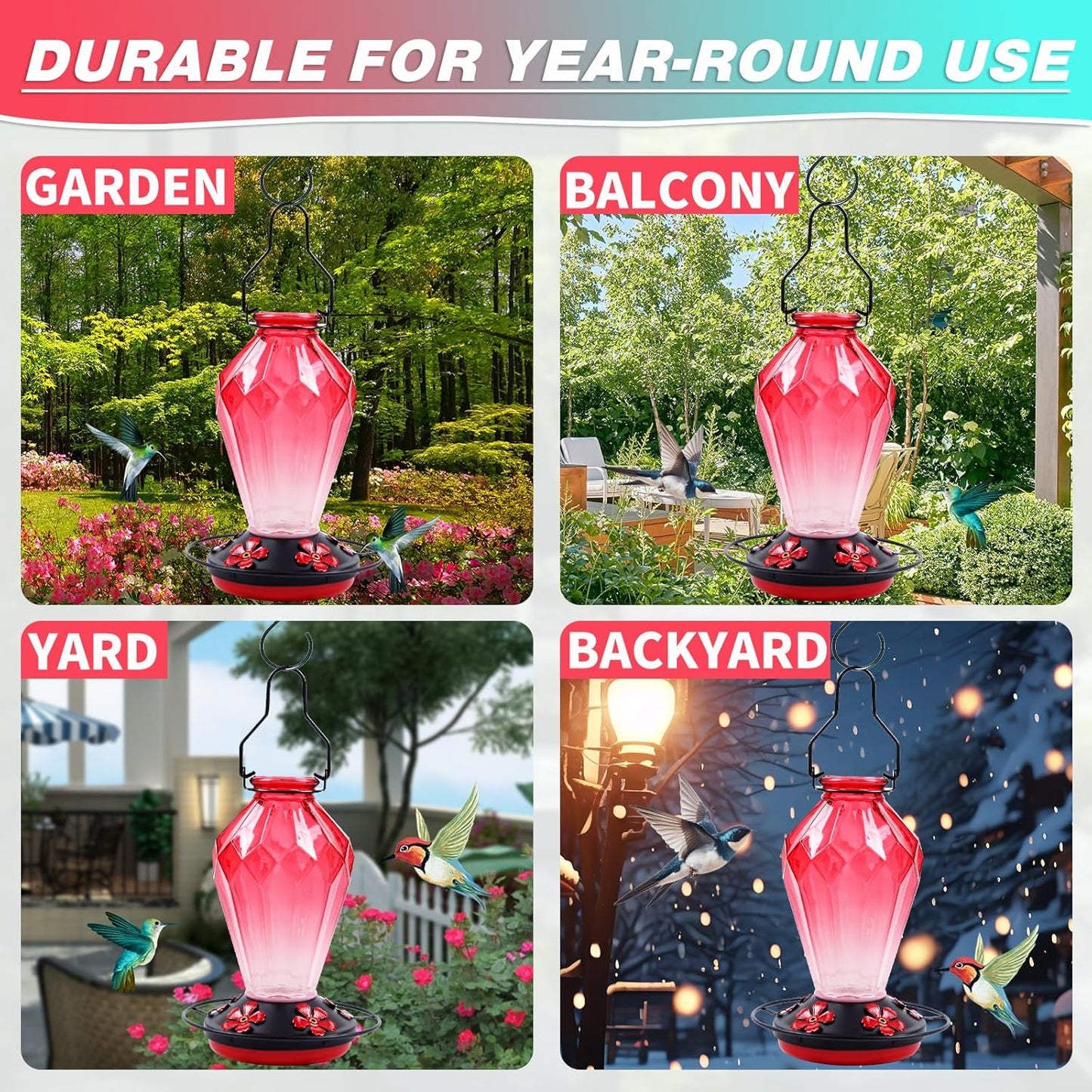 Glass Hummingbird Feeder for Outdoors Hanging, 25Oz Humming Bird Necta