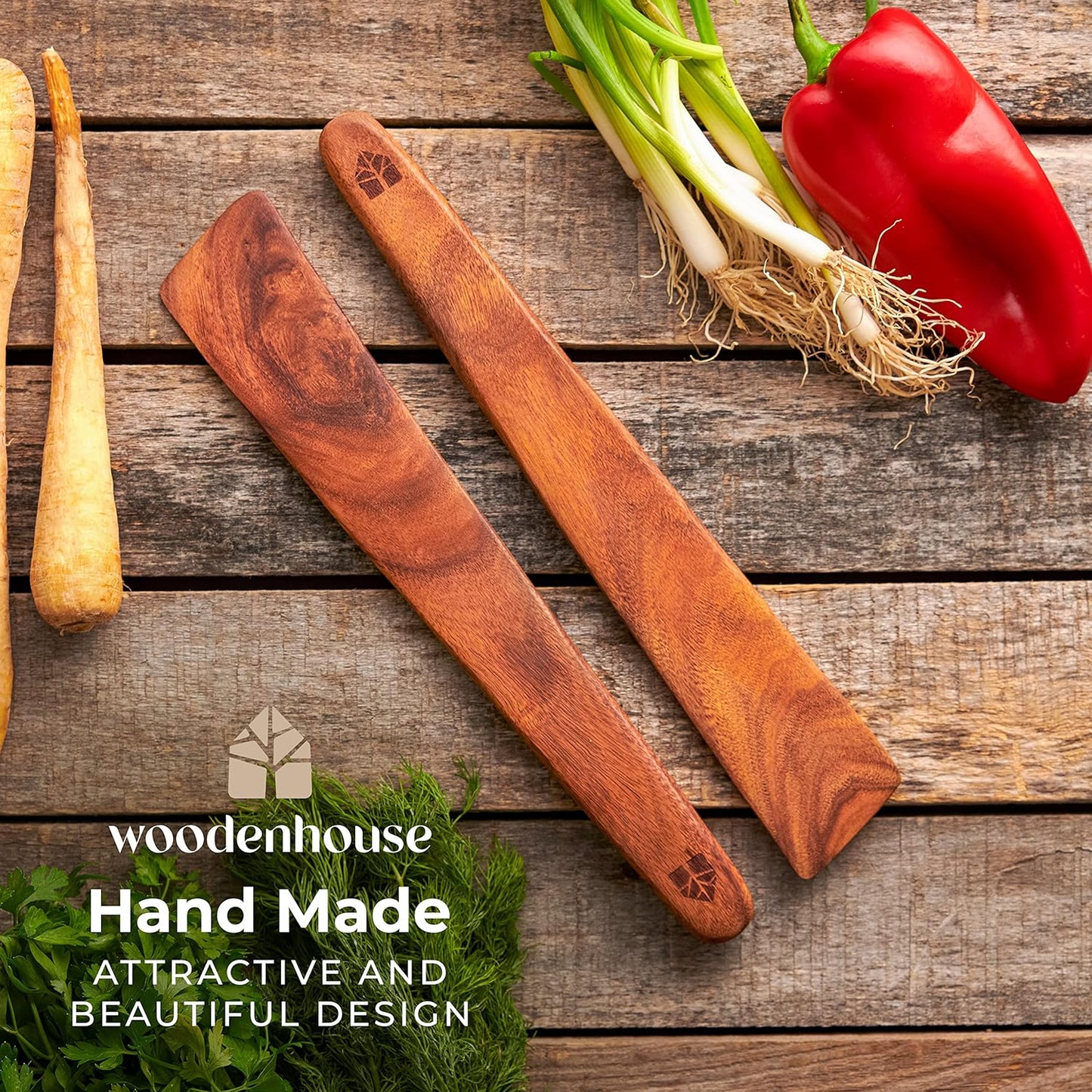 Wooden Spatula for Cooking Set of 2 – 12 Inch Teak Spatula Turner & Flipper for Cast Iron, Flat Egg & Pancake Scraper – Utensils by Woodenhouse