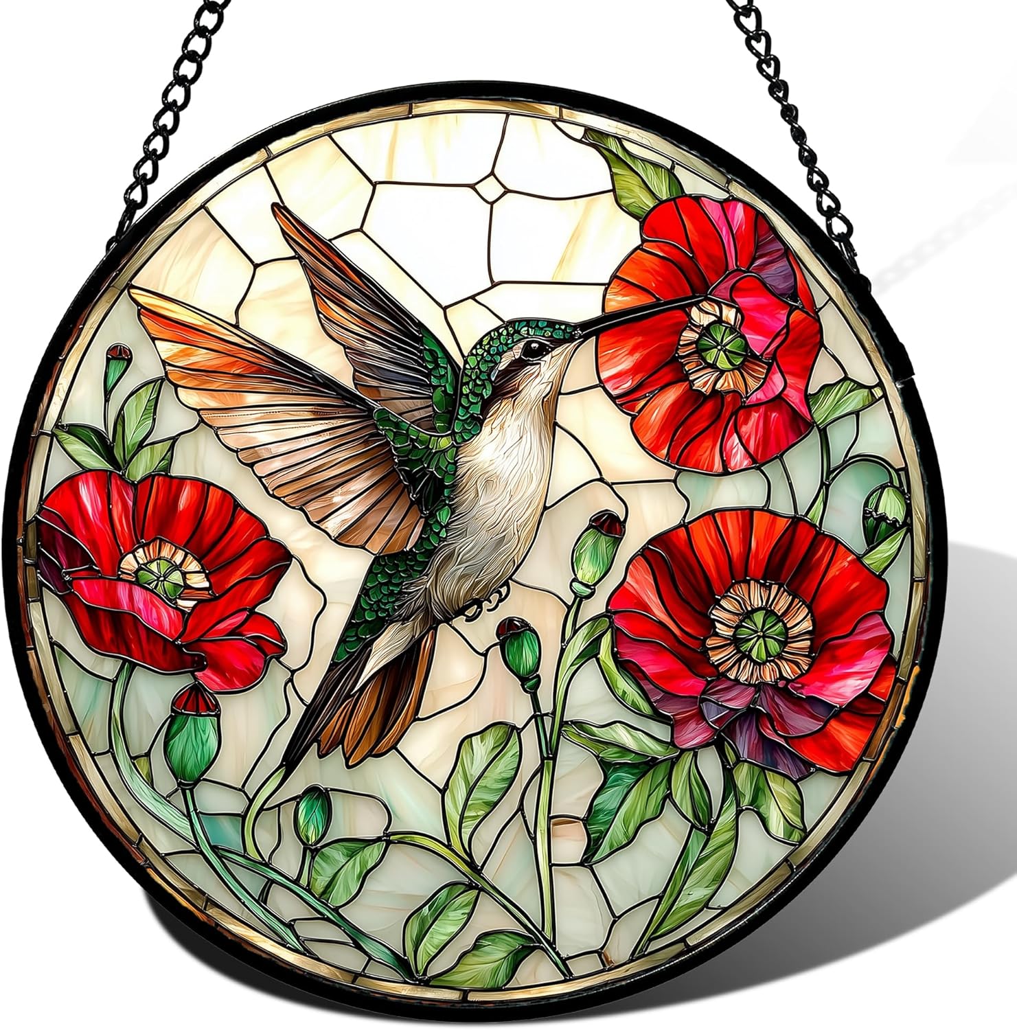 Stained Glass Window Hanging - Green Hummingbird Red Flower Suncatcher