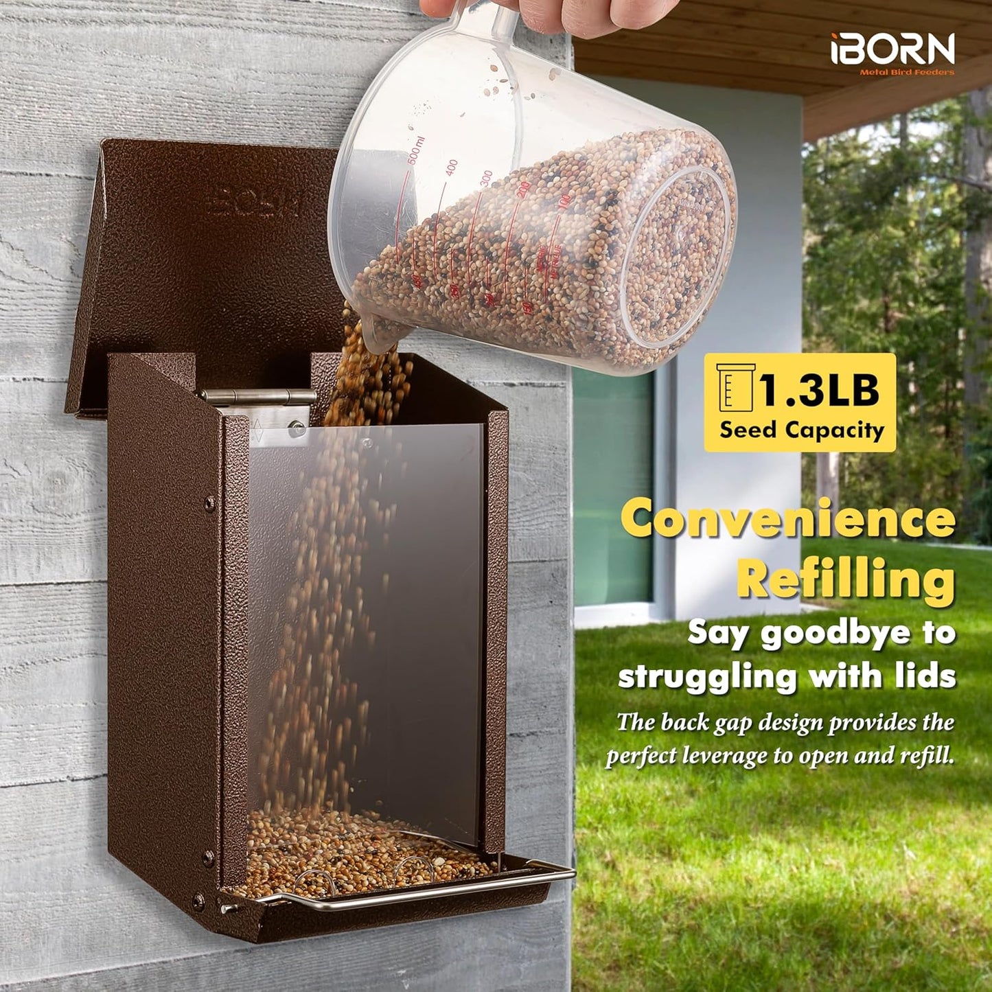 iBorn Bird Feeder for Outdoors, Wall Mounted Bird Feeder Weatherproof Metal Roof, Heavy Duty Metal Birdfeeder for Tree, Fence, Wall Screwed-in Mounting, All Detachable Easy Clean,1.3Lbs, Coffee