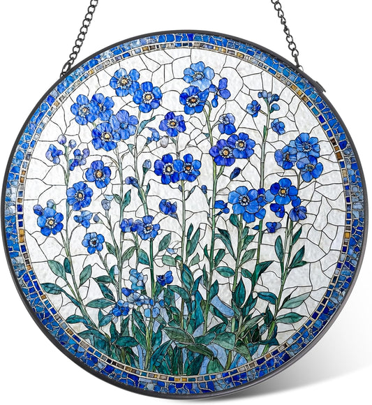 Forget-Me-Not Flower Stained Glass Suncatcher, 7.8 Inch Handmade Blue Floral Window Hanging Decor - Garden, Home Gift for Women, Mom, Grandma (Blue, Medium)
