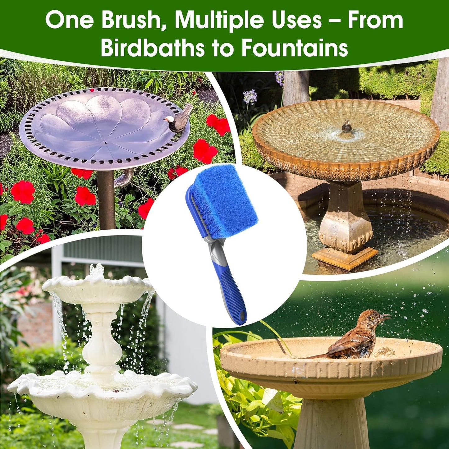 Bird Bath Cleaner, Hummingbird Feeder Cleaning Brushes, Non Scratch Scrub Brush with Large Ergonomic Handle and PVC Bristles for Bird Feeder, Bath Accessories, Fountain, Concrete Outdoor Cleaning