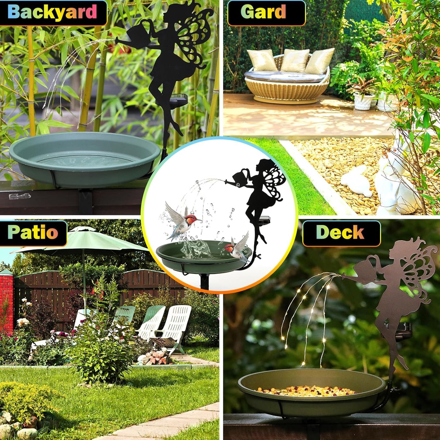 Solar Light String Bird Bath，Birdbaths Deck Mounted 19.5 Inches Bird Bath 2.7 Inches Deck Adjustable Steel Clamp，Balcony Railing Birdbaths, Fence Clamp Detachable…