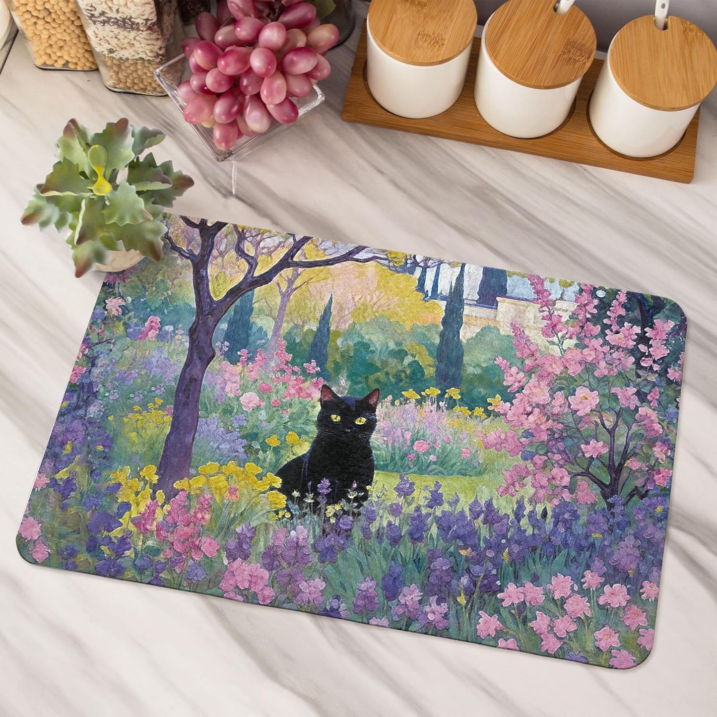 Spring Garden Black Cat Dish Drying Mat，Cat Lover Gifts, Vintage Floral Black Kitten Dishes Dry Coffee Mats for Kitchen Counter Coffee Maker, 16x24 Inch