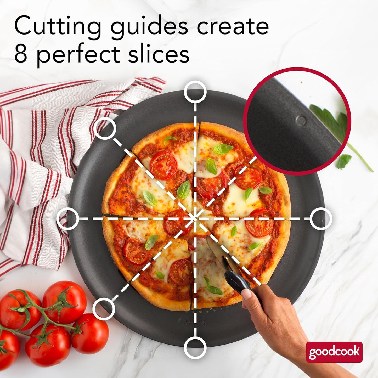 GoodCook AirPerfect Insulated Nonstick Carbon Steel Pizza Pan with Cutting Guides, Perforated Nonstick Pizza Pan, 15.75-Inch, Gray