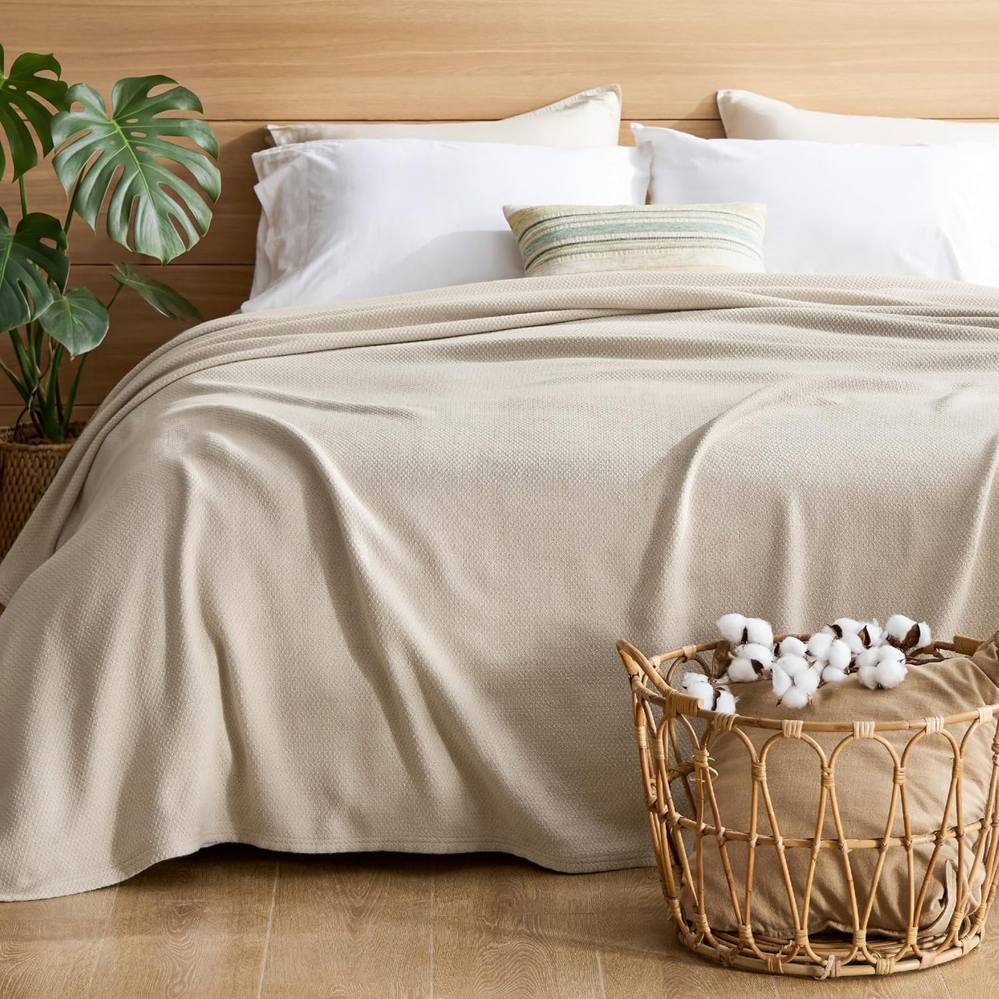 Bedsure GentleSoft 100% Cotton Blanket Queen Size for Bed - Breathable and Lightweight, Soft Cozy Textured Herringbone Woven Blanket for Summer Spring, Linen Beige, 90x90 inches
