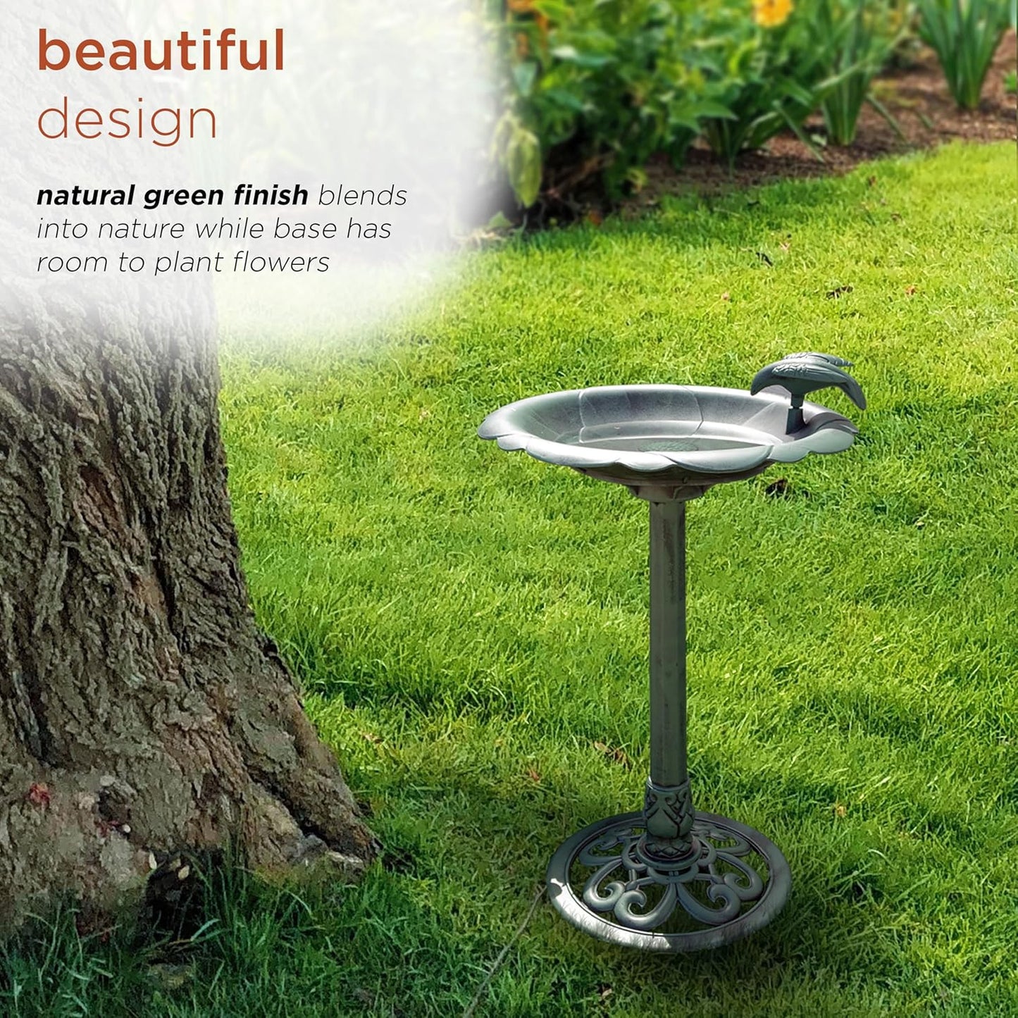 Alpine Corporation 31" Tall Outdoor Antique Flower Birdbath with Bird Decoration Yard Statue, Durable Polypropylene Construction for Patio, Deck, or Yard, Green