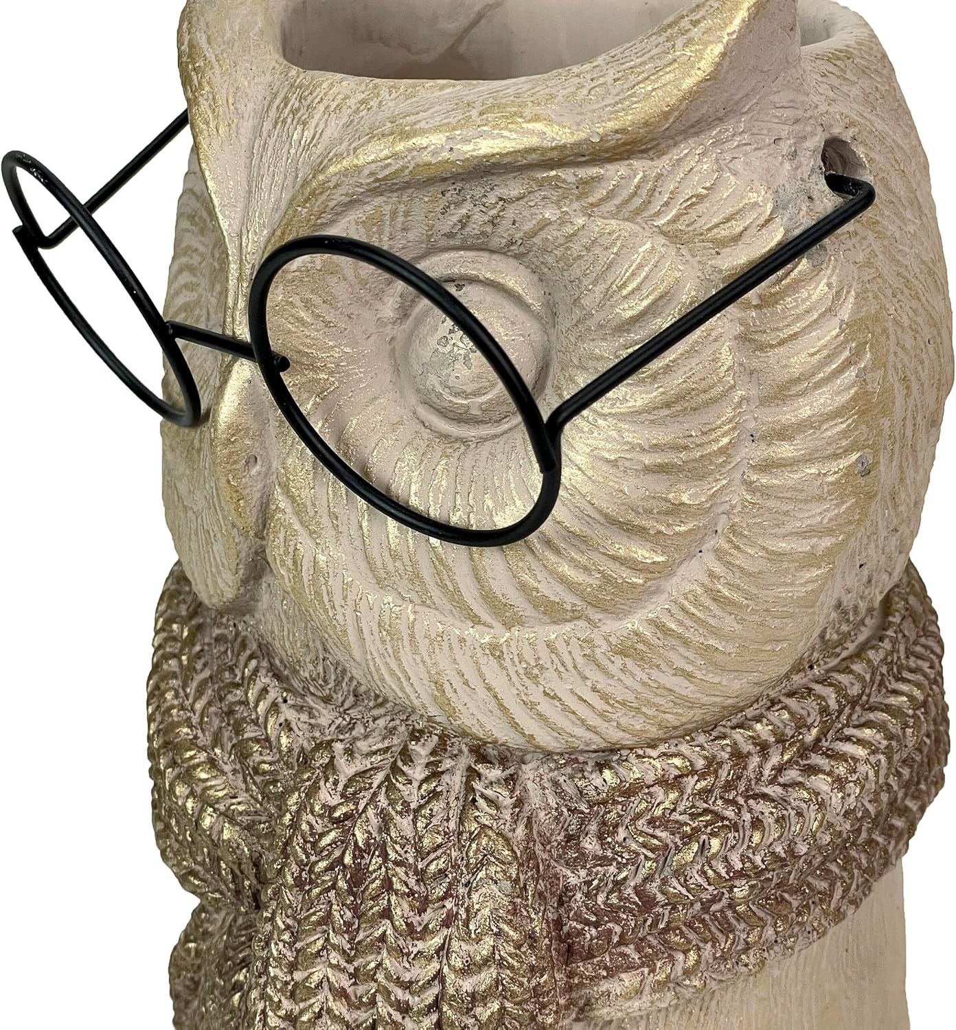 Bespectacled Owl Cement Vase 8.25 Inch – Whimsical Animal Planter with Real Glasses, Knit Textured Scarf, and Gold Metallic Accents, Distressed Taupe Finish, Unique Indoor Decor Gift