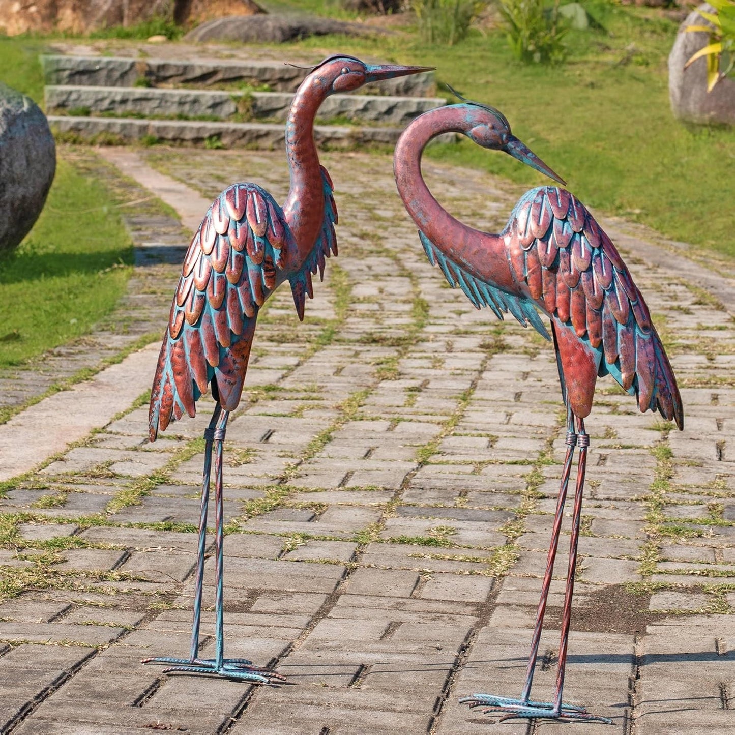 Kircust Metal Crane Statues - Set of 2 Bronze Heron Sculptures for Gar