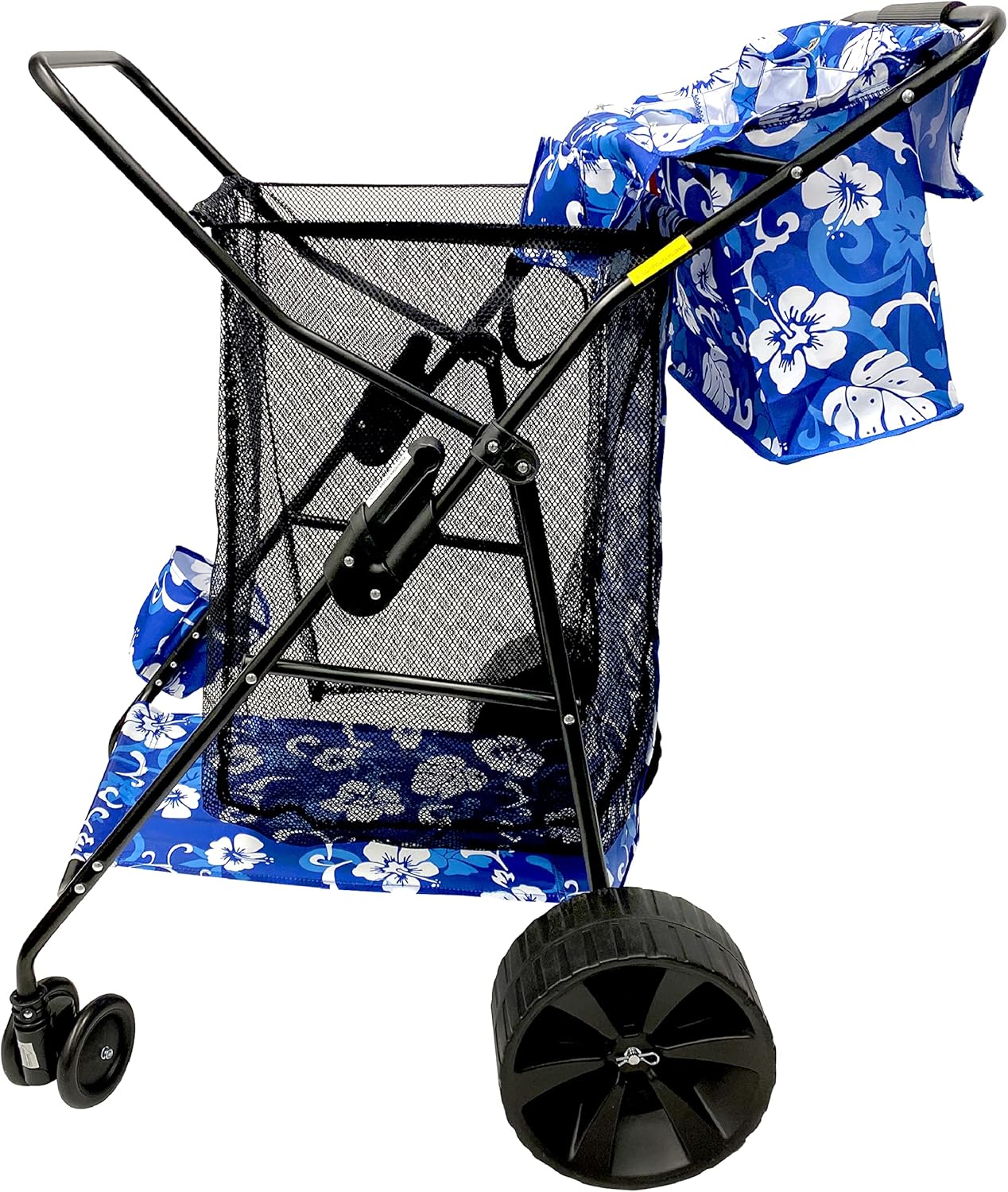 Beach Cart Deluxe Heavy Duty Folding Ocean Utility Large Sand Wheels Holds 4 Folding Chairs Umbrella Holder Removable Storage Bag – Premium Flower Pattern
