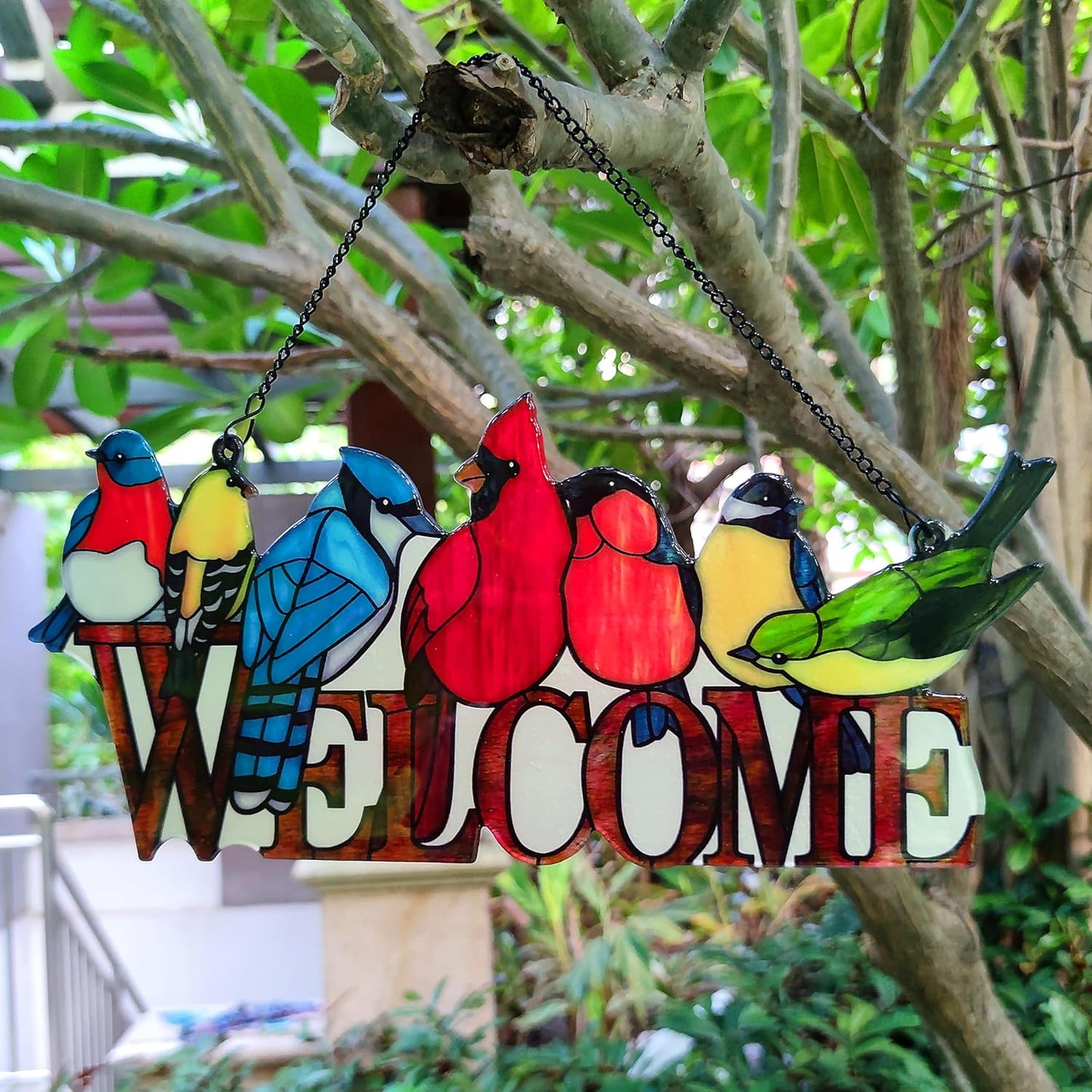 JOYBEE Birds On Branch Stained Glass Suncatcher Cardinal Hummingbird Kingfisher Double Side Glass Panel Window Hanging Decor Bird Ornament Bird Lover Gift for Mom Grandma