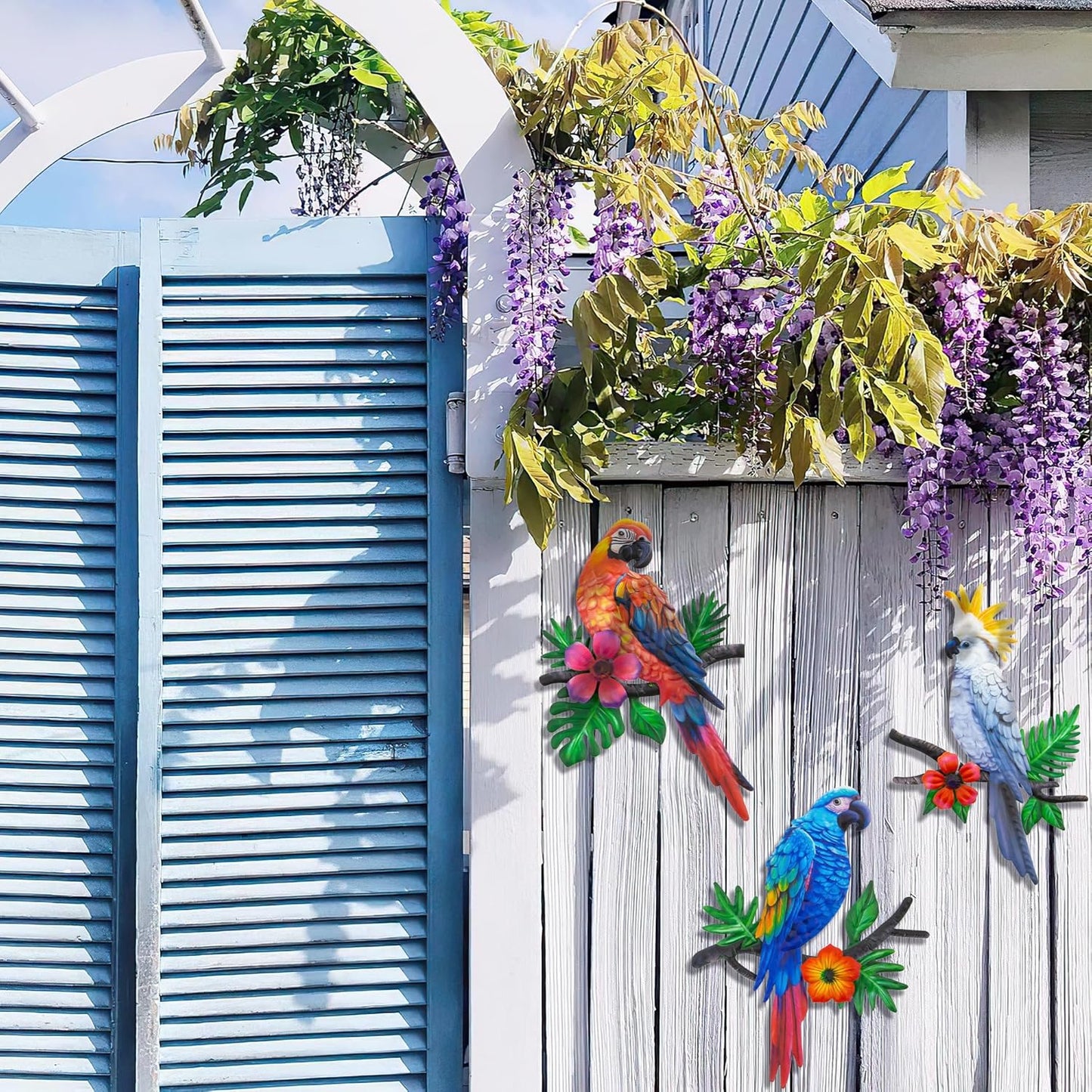 Metal Parrots Wall Art Decor Outdoor Decorations for Yard, Outdoor Garden Decor, Patio Mother's Day Decoration Gift Garden Metal Bird Wall Mother's Day Decor-12 Inches Parrot Large Hanging Wall Decor 3 Pack