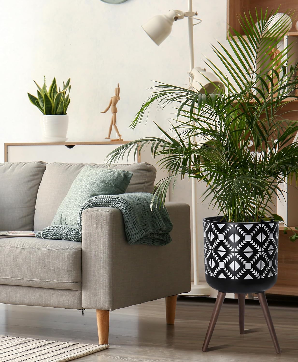 D'vine Dev 14 Inch Planter Pot with Stand, Mid-Century Tall Plant Pot with Legs for Indoor Plants, White/Black, 88-G-D-4