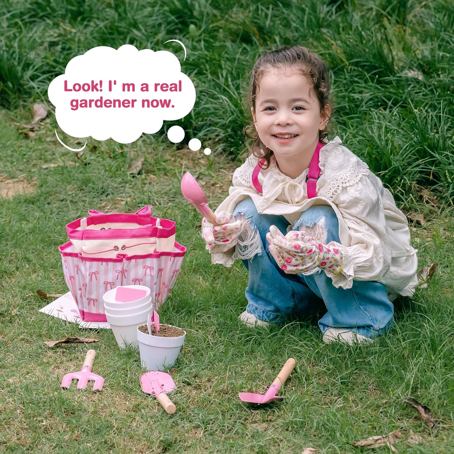 ROBUD Kids Gardening Set 18 PCS Bow Theme Garden Tools for Kids with S