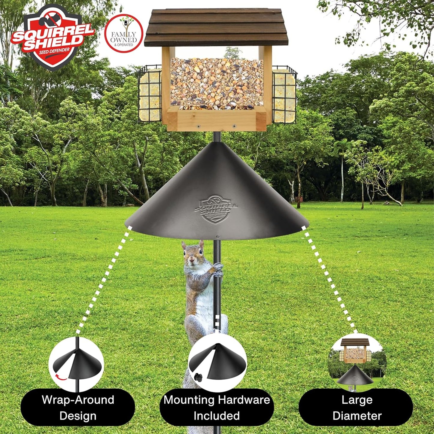 Nature's Way Squirrel Shield 18 inch Metal Wrap Around Baffle for Outdoor Wild Bird Seed Feeder, Squirrel Proof, Black