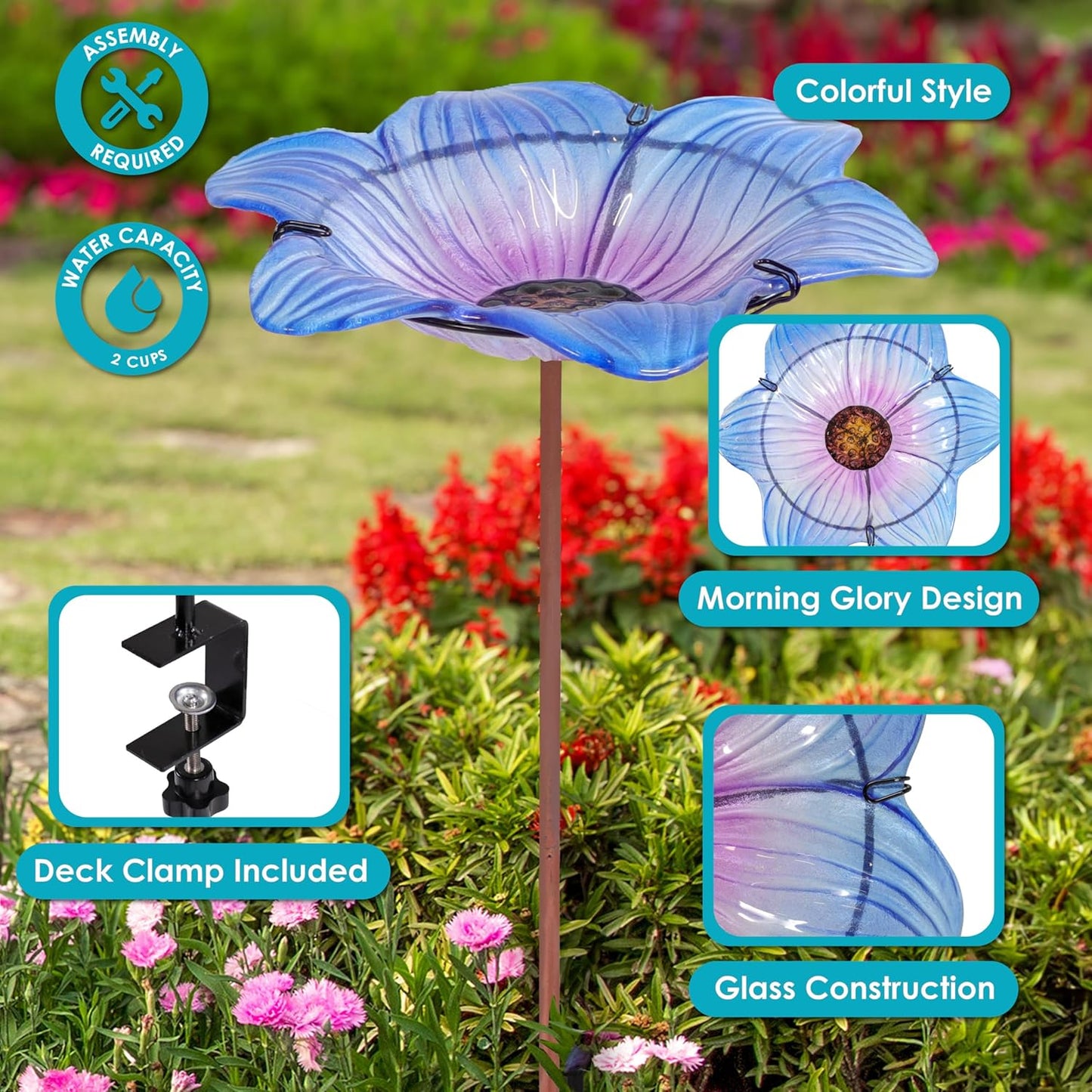Sunnydaze Glass Bird Bath Bowl - 11.5" Diameter - Includes Deck Clamp and Staked Stand - Morning Glory