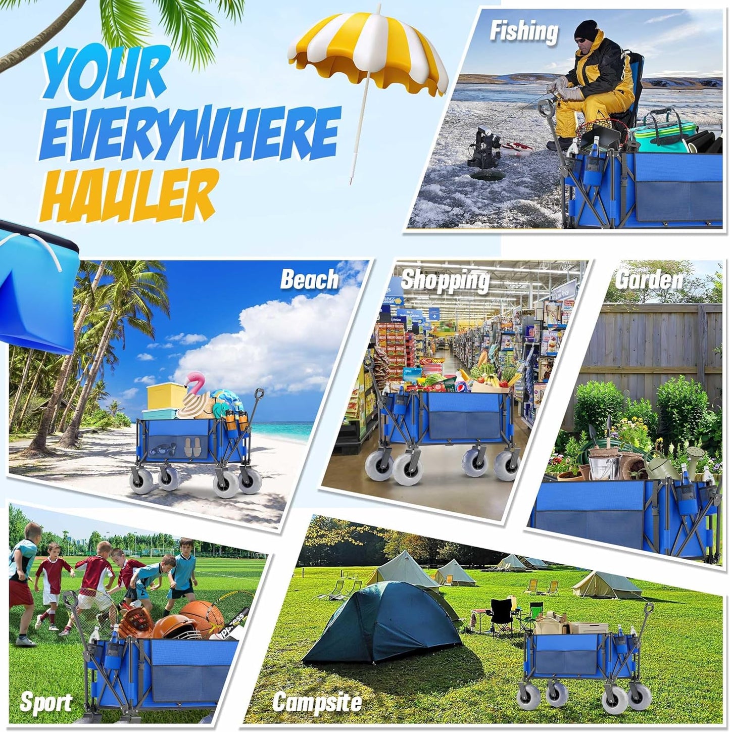 Beach Wagon with Big Wheels for Sand, 350lbs Heavy Duty Folding Wagon,