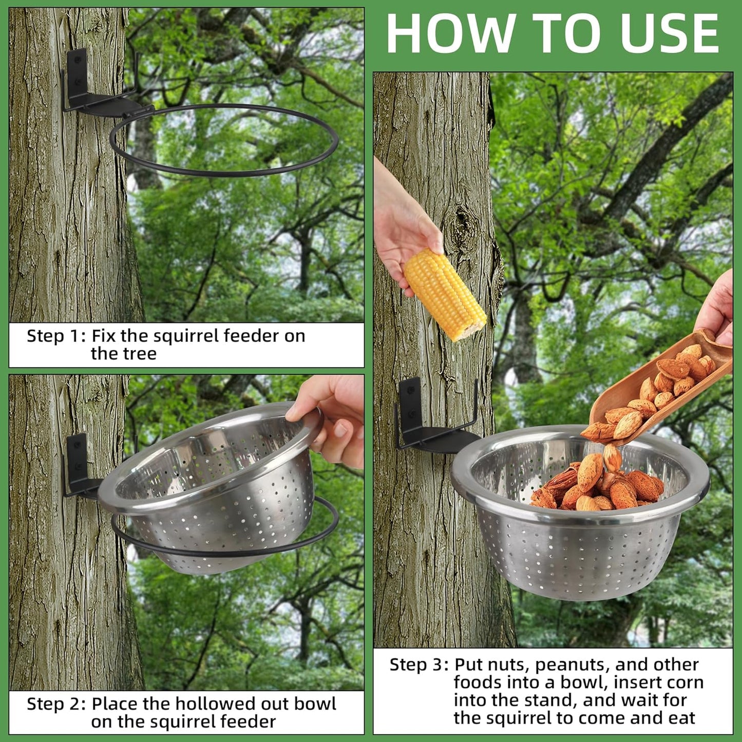 Outdoor Metal Wild Squirrel Feeder: Chipmunk Food Holder with Removable Feed Bowl Easy to Clean and Refill, Install on Trees, Houses, Fence or in Backyard, Patio, Yard for Wild Critter, Woodpecker