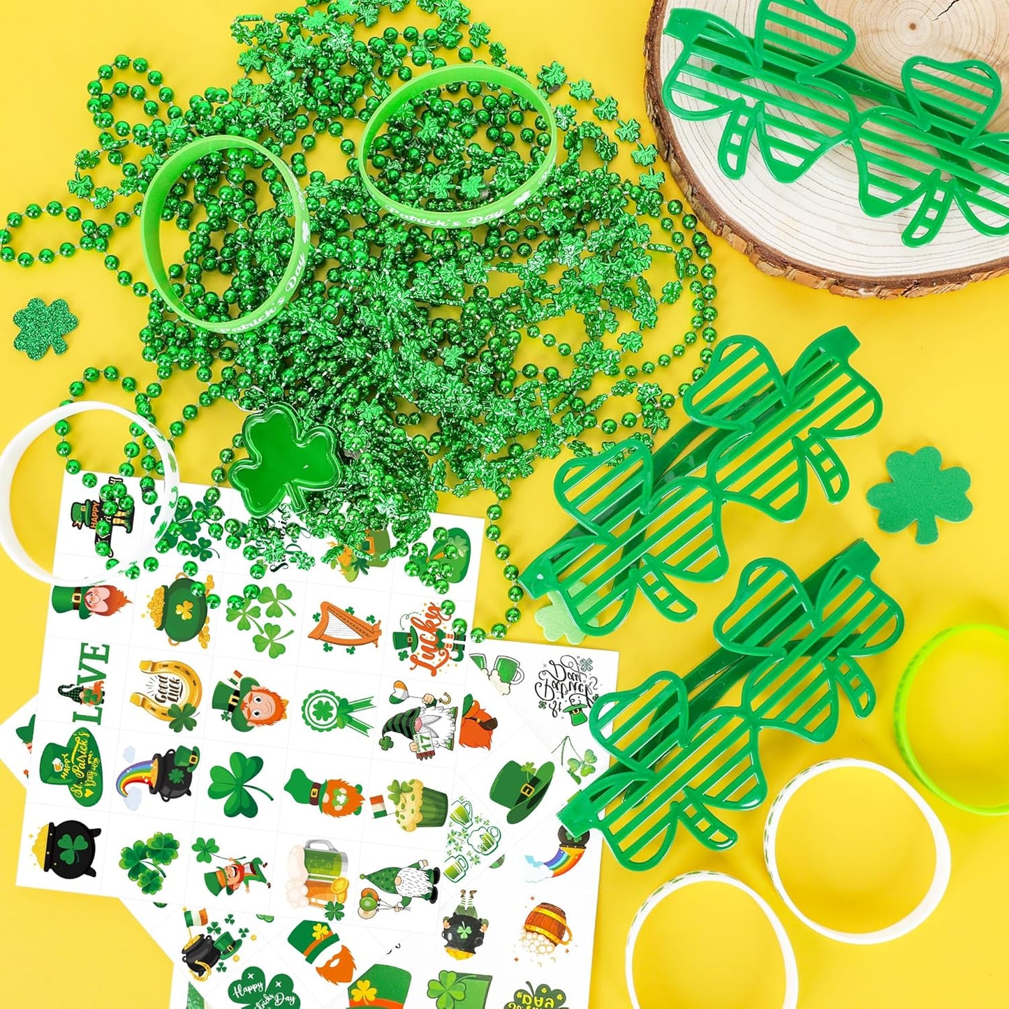 140PCS St Patricks Day Accessories, St. Patrick's Day Glasses Bracelets Tattoos Beads, Irish Glasses Bracelets Tattoos Beads Stuff Bulk, Shamrock Saint Patricks Parade Throw Party Favor Decor