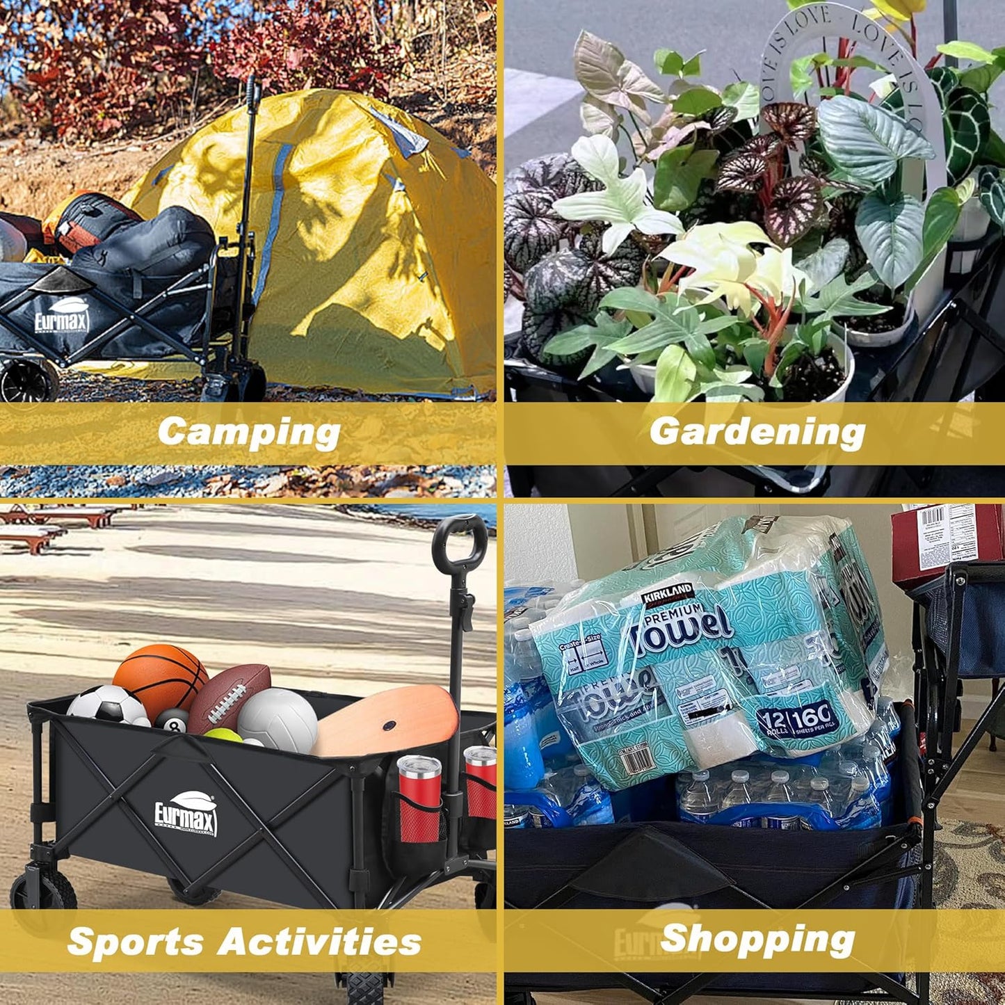 Eurmax USA Collapsible Outdoor Folding Wagon Cart All-Terrain Utility Wagon Heavy Duty Camping Patio Shopping Garden Sporting Wagon Cart with Side Bag & Cup Holder