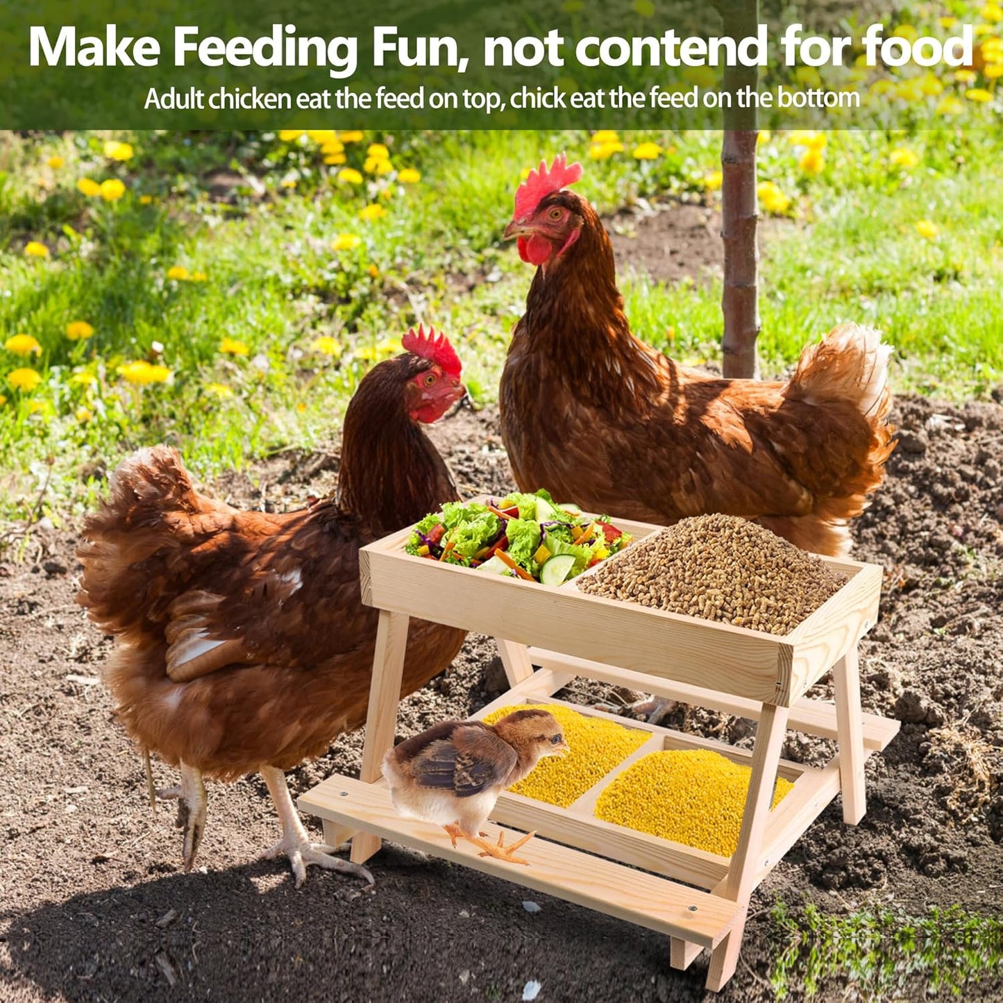Double Chicken Picnic Table, Large Capacity Wooden Chicken Feeder No Waste, Mesh Bottom for Easy Cleanup, Suitable for Chickens, Ducks, Squirrel, Turkey