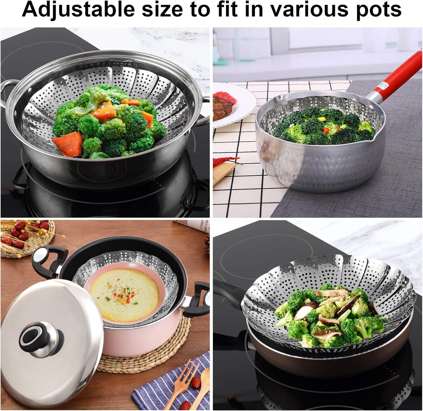 Steamer Basket, Stainless Steel Vegetable Steam Baskets for Steaming Cooking Expandable to Fit Various Size Pot (5.5" to 9.3")
