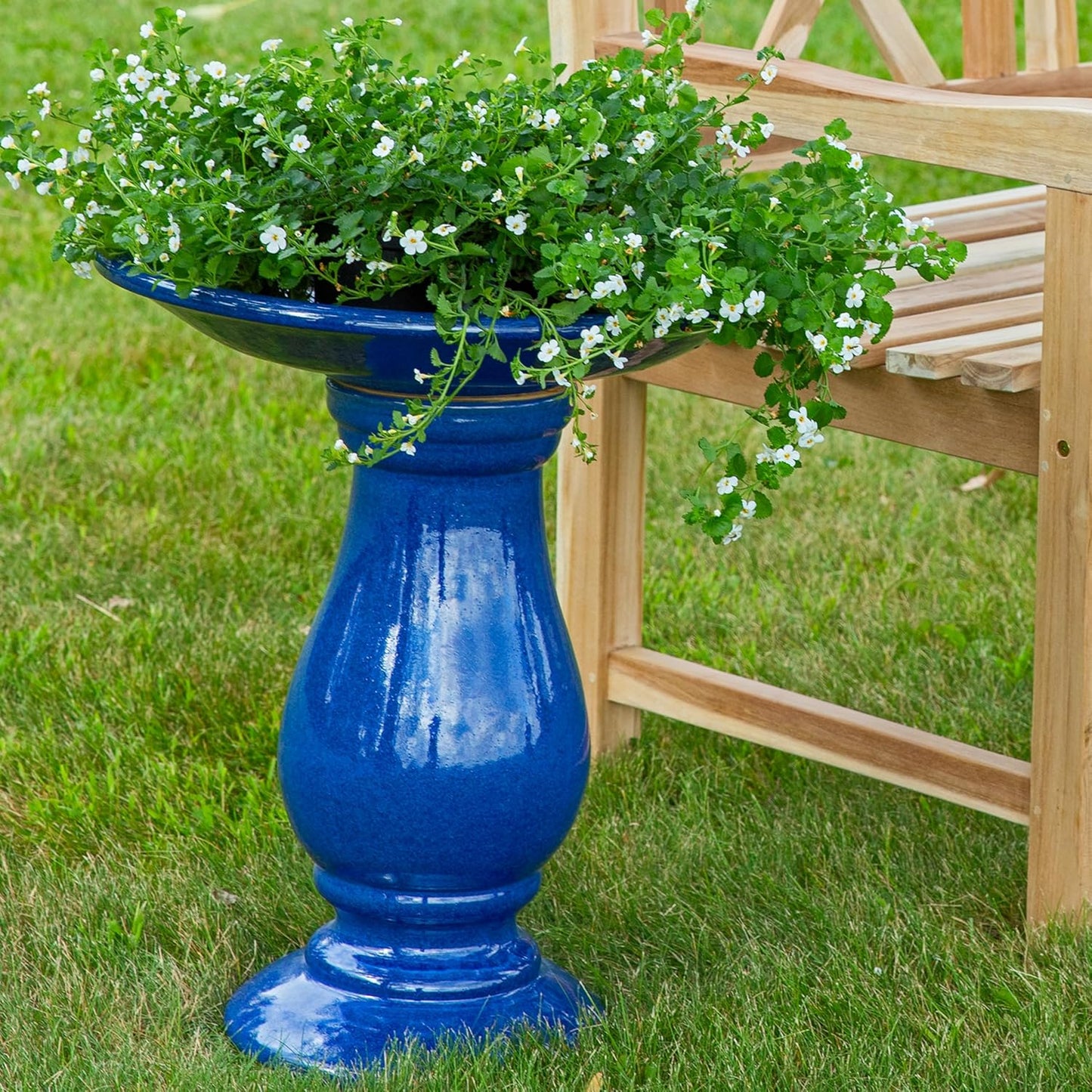 Sunnydaze Blue Ceramic Bird Bath for Outside - 21.5" H Garden Bird Bath - Daisy Embossed Bowl - UV-/Frost-Resistant Glaze Finish