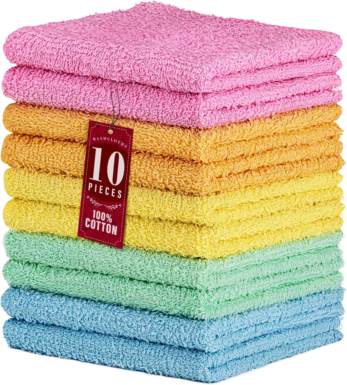 DecorRack 10 Pack 100% Cotton Wash Cloth, Luxurious Soft, 12 x 12 inch