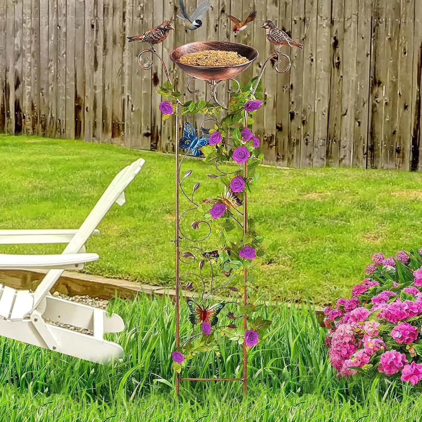 Bird Feeder Stand Bird Bath with Garden Trellis 2-in-1 Metal Bird Water Feeder with Decorative Butterfly Detachable Free Standing Bird Water Dispenser Standing Bird Feeder