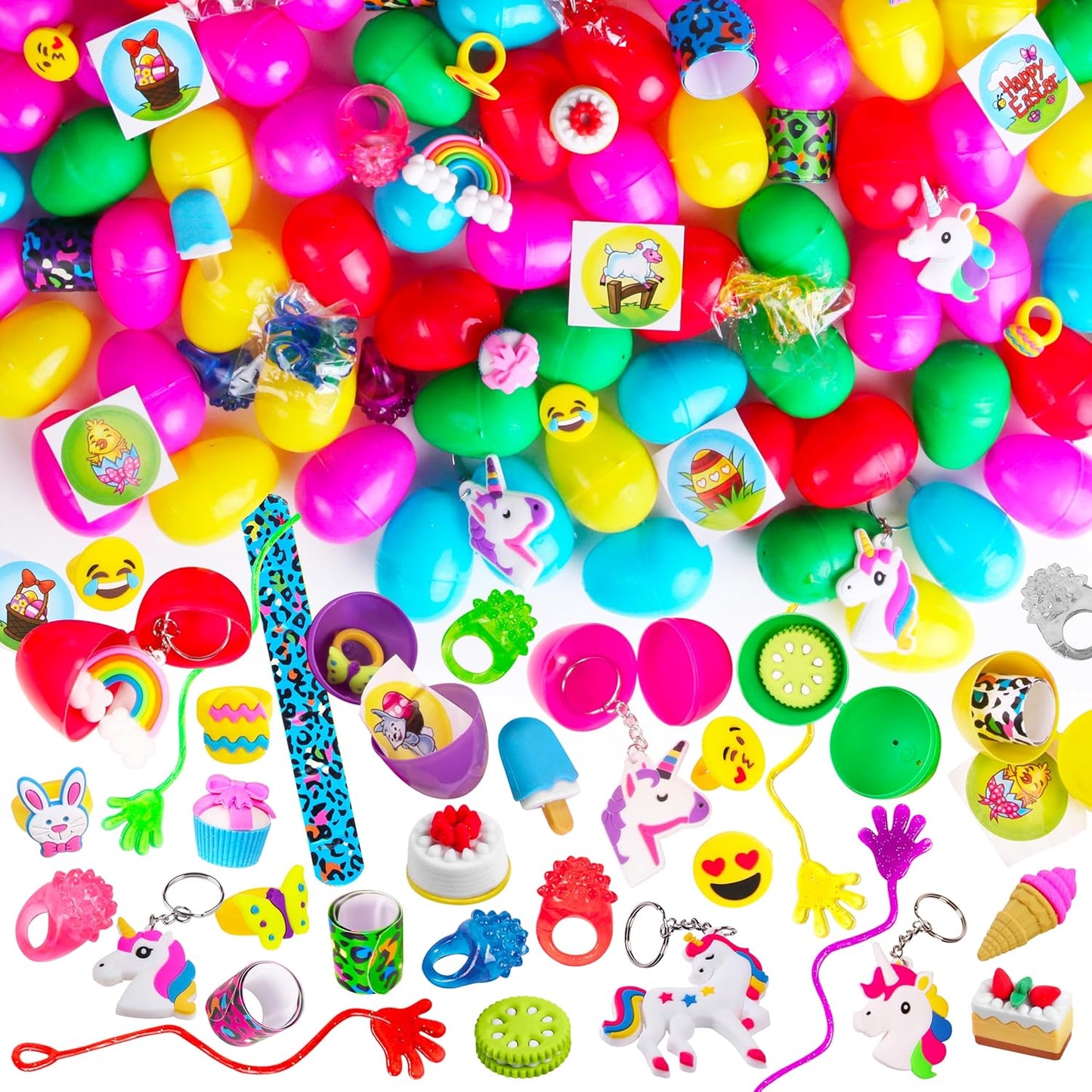 Giraffe 100 Pack Prefilled Easter Eggs Bulk - Multi Color Plastic Filled Easter Eggs for Kids with Toy Filled Slap Bracelets, LED Rings, Stickers - Easter Basket Stuffers for Kids