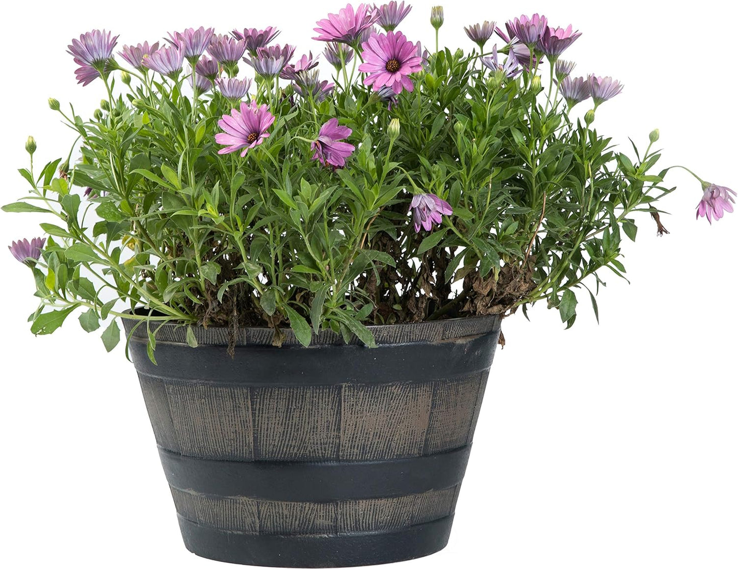 Gardenised Rustic Wood- Look Plastic Half Barrel Flower Pot Bucket Planter, Pack of 4
