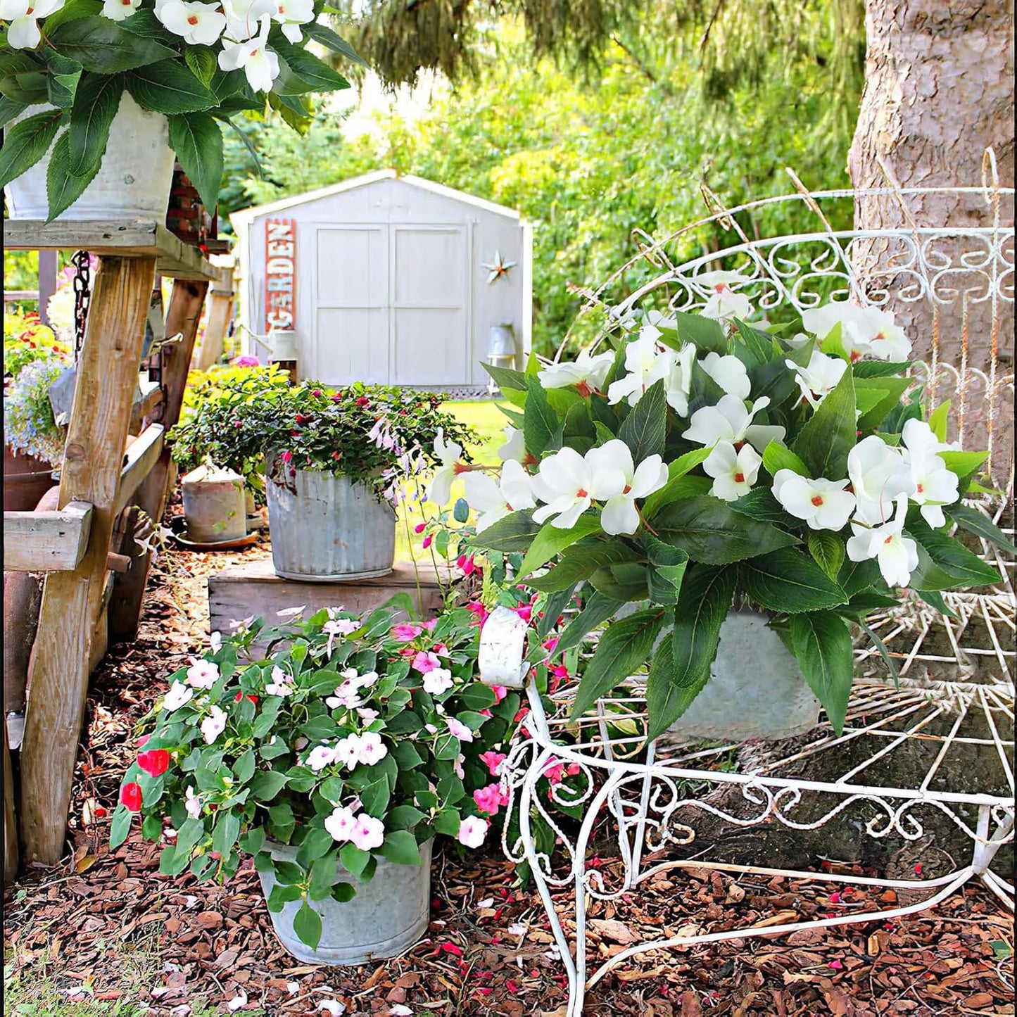 2 Pcs Artificial Impatiens Flowers for Outdoors Faux Impatiens Bushes White Silk Flowers Greenery Artificial Impatiens Bouquet for Patio Lawn Garden Pot Hanging Basket Porch Decoration