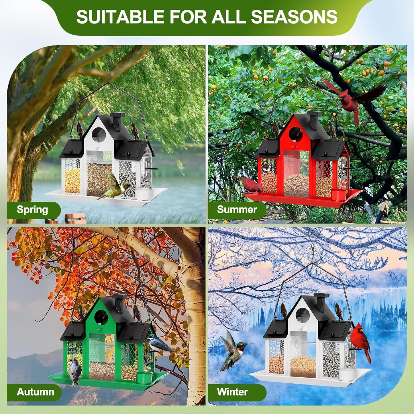 Solar Bird Feeders House for Outdoors Hanging, 7LBS Large Capacity Metal Wild Bird Feeder Squirrel Proof for Outside with Water Cup, Cardinal Birdfeeder Birdhouses Gift for Bird Lovers (Red)