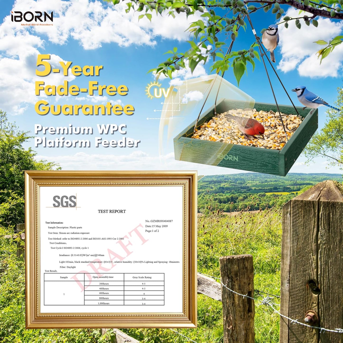 iBorn Platform Bird Feeder Tray, Bird Feeders for Outdoors Hanging, Flat Birdfeeder Tray with Large Capacity 3LBS, WPC Recycled Plastic & Cedar Look, Waterproof, 10.5"x10.5", Green