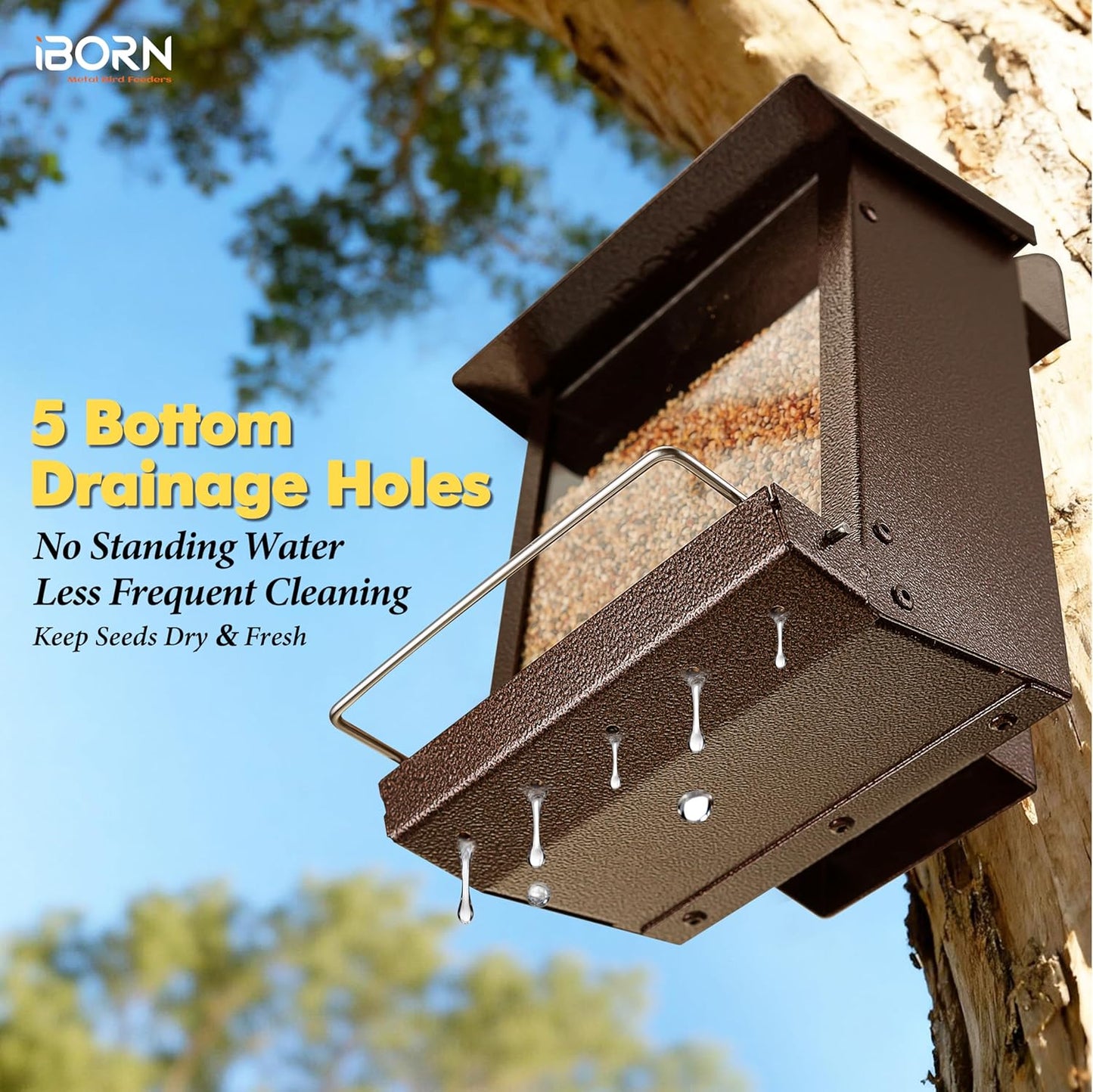 iBorn Bird Feeder for Outdoors, Wall Mounted Bird Feeder Weatherproof Metal Roof, Heavy Duty Metal Birdfeeder for Tree, Fence, Wall Screwed-in Mounting, All Detachable Easy Clean,1.3Lbs, Coffee